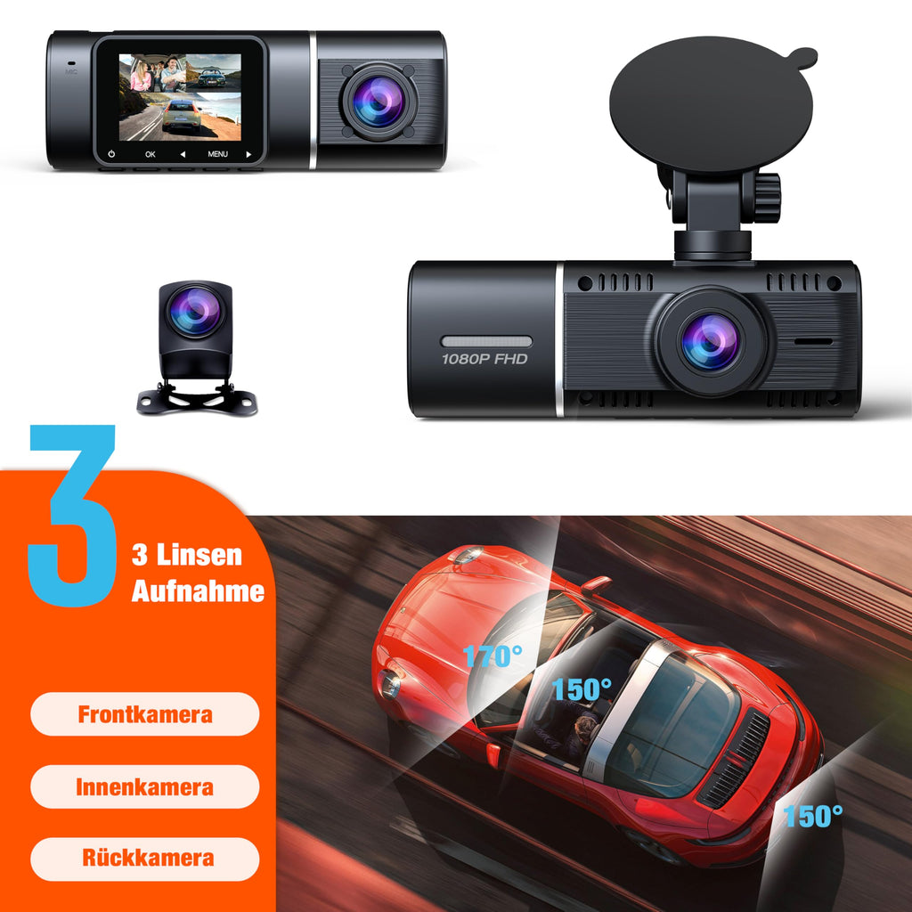 Volam 3 Kanal Dashcam Auto Vorne Hinten und Innen mit Akku, 1080P Dash Cam mit Auto Kamera Parküberwachung, Infrarot Nachtsicht WDR, G Sensor, 170° Weitwinkel Dash Camera mit Rückfahrkamera