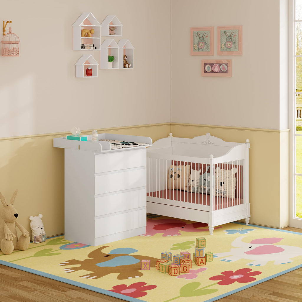 WOLTU Wickelkommode mit abnehmbarem Wickelaufsatz, Wickeltisch Baby, Wickelregal, Kommode mit 4 Schubladen, Höhe 110 cm, Weiß + Hochglanz