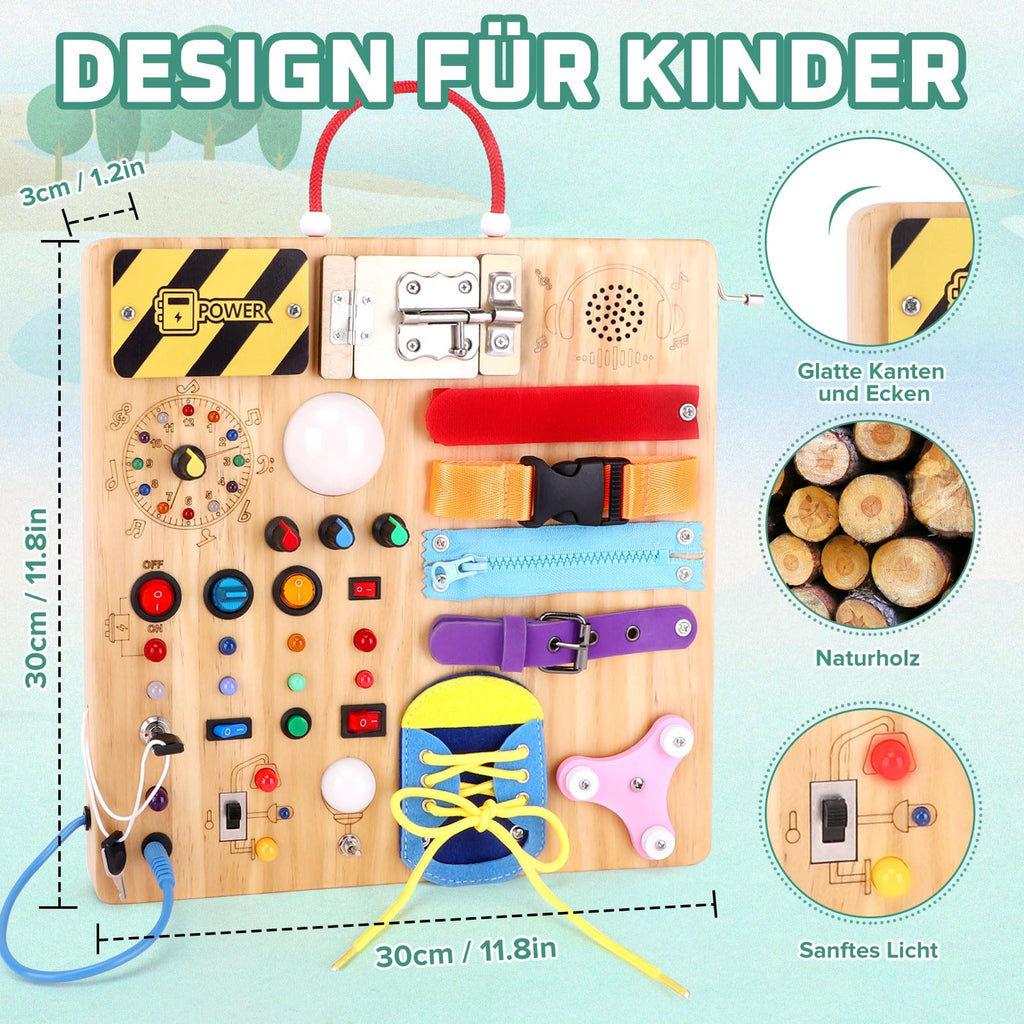 23 in 1 Busy Board Montessori Spielzeug ab 1 jahr Activity Board Holzspielzeug Mit 15 Schaltern, 26 LED Lichtern, Spieluhr, Schloss, Schnürsenkeln, Reißverschluss für 1 2 3 Jahre Jungen und Mädchen