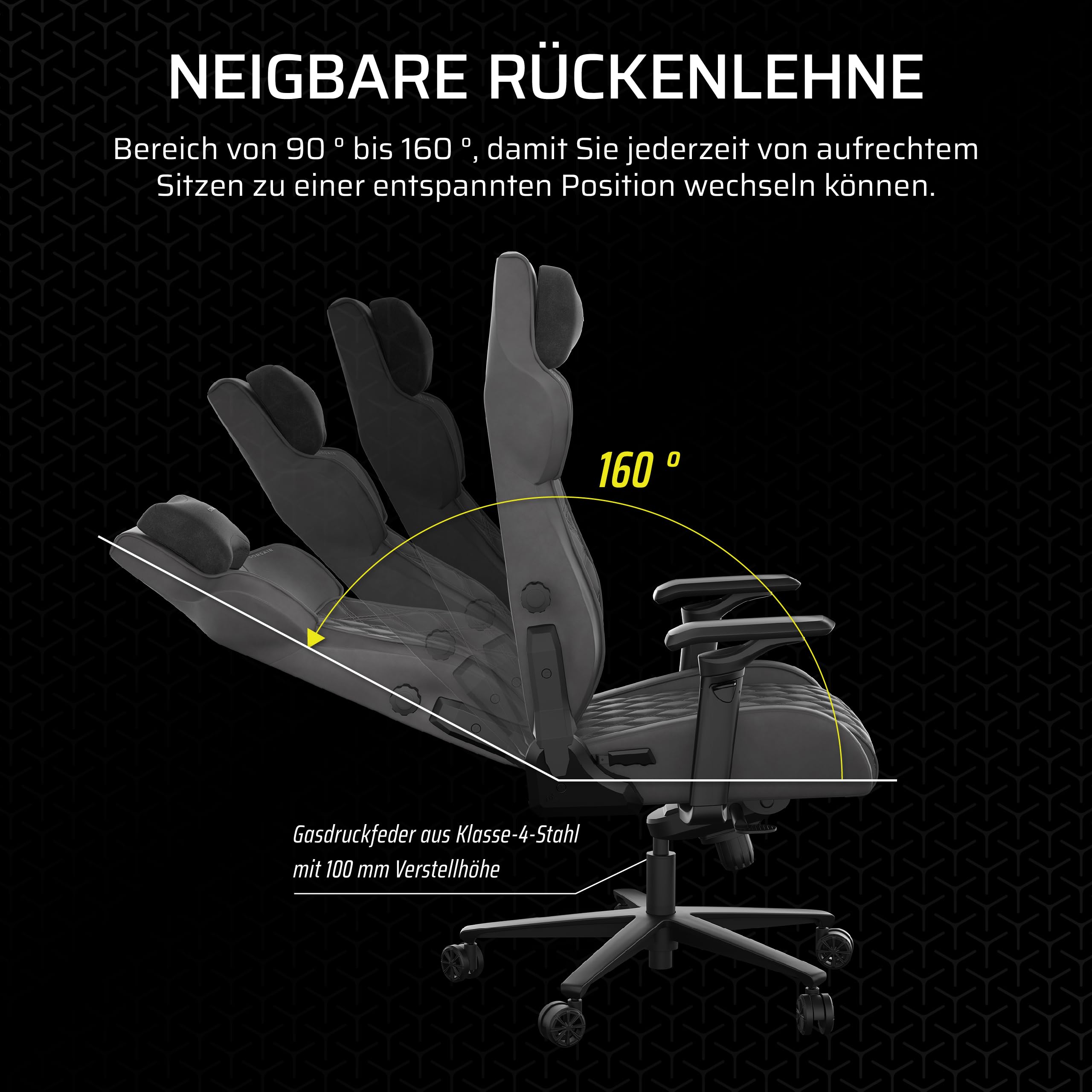 Corsair TC500 Luxe Gaming-Stuhl – Hochwertiger Atmungsaktiver Stoff – Breite Sitzfläche – In Fünf Richtungen Verstellbare Armlehnen – Verstellbare Lendenstütze – Neigung von 90–160 Grad – Schatten