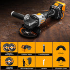 Akku-Winkelschleifer 20V Ø 125mm: DEKOPRO Schleifer mit 4.0Ah Akku, bürstenloser Motor, 8500RPM – inkl. 2 Schleif-, 1 Trennscheiben, 2 Schutzhauben, Akku & Ladegerät für Trennen Schleifen Polieren