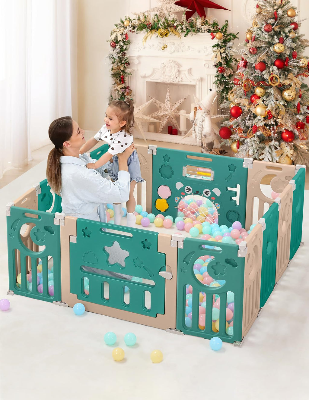Dripex Laufstall Baby faltbar 150x150x62cm (14 Paneele) mit Spielboard, Laufgitter Baby, Kinderlaufstall & Babyzaun aus strapazierfähigem Plastik, Playpen für Innen & Außen, Braun