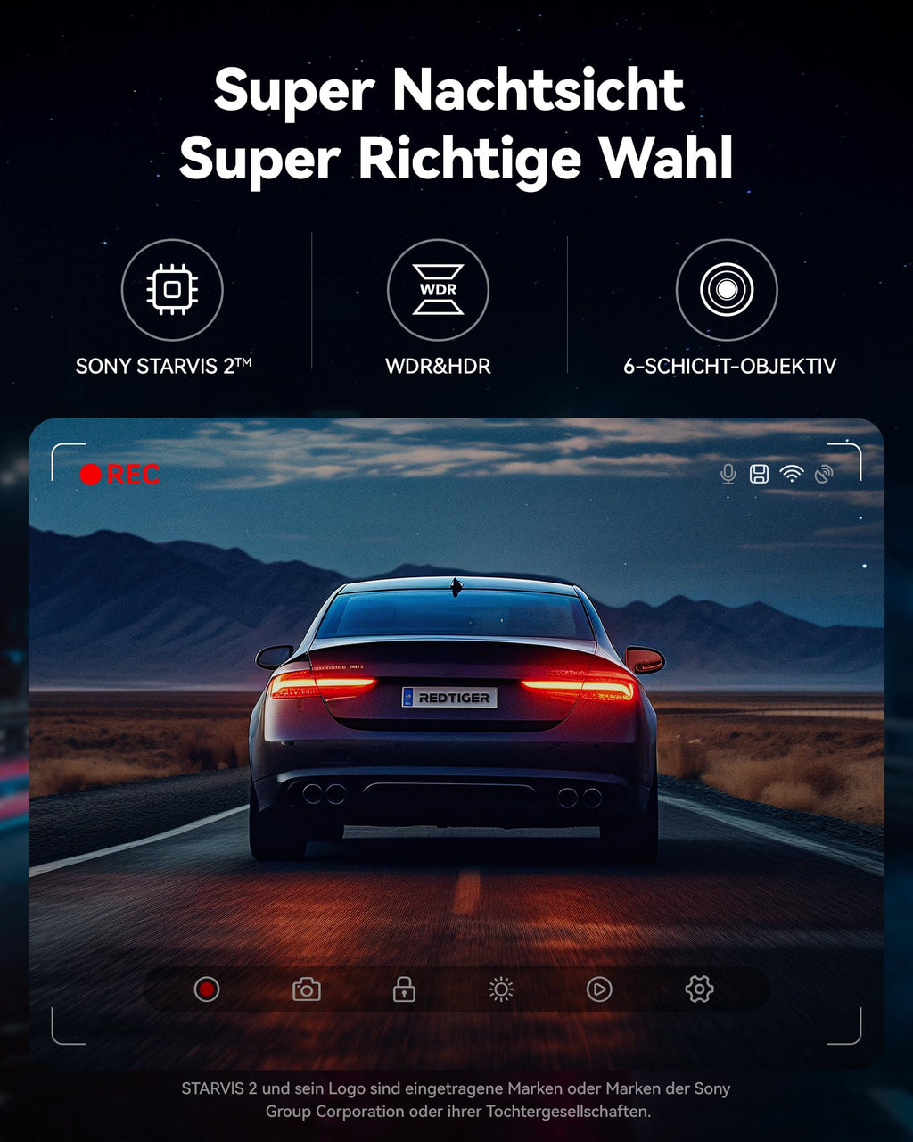 REDTIGER Dashcam 4K FrontUndHeck UltraWeitwinkel STARVIS2 GPSWiFi AutofahrerPremium