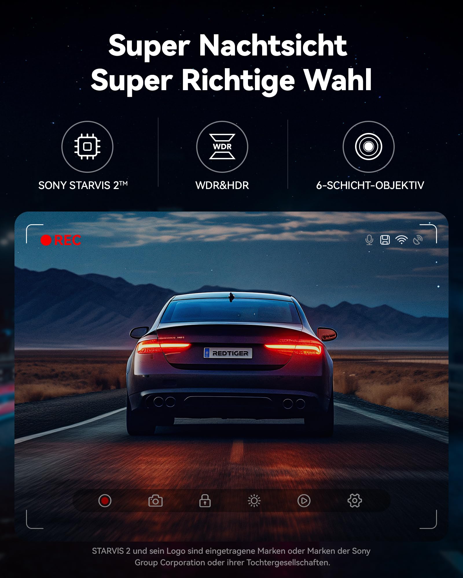 REDTIGER Dashcam 4K FrontUndHeck UltraWeitwinkel STARVIS2 GPSWiFi AutofahrerPremium