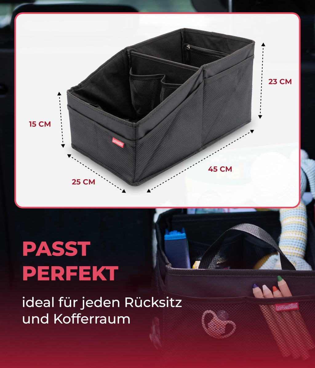 HerzensKind Auto Organizer - die praktische Faltbox für den Rücksitz oder Kofferraum. Rücksitz Organizer zum Verstauen von Windeln Spielzeug etc. neben dem Kindersitz