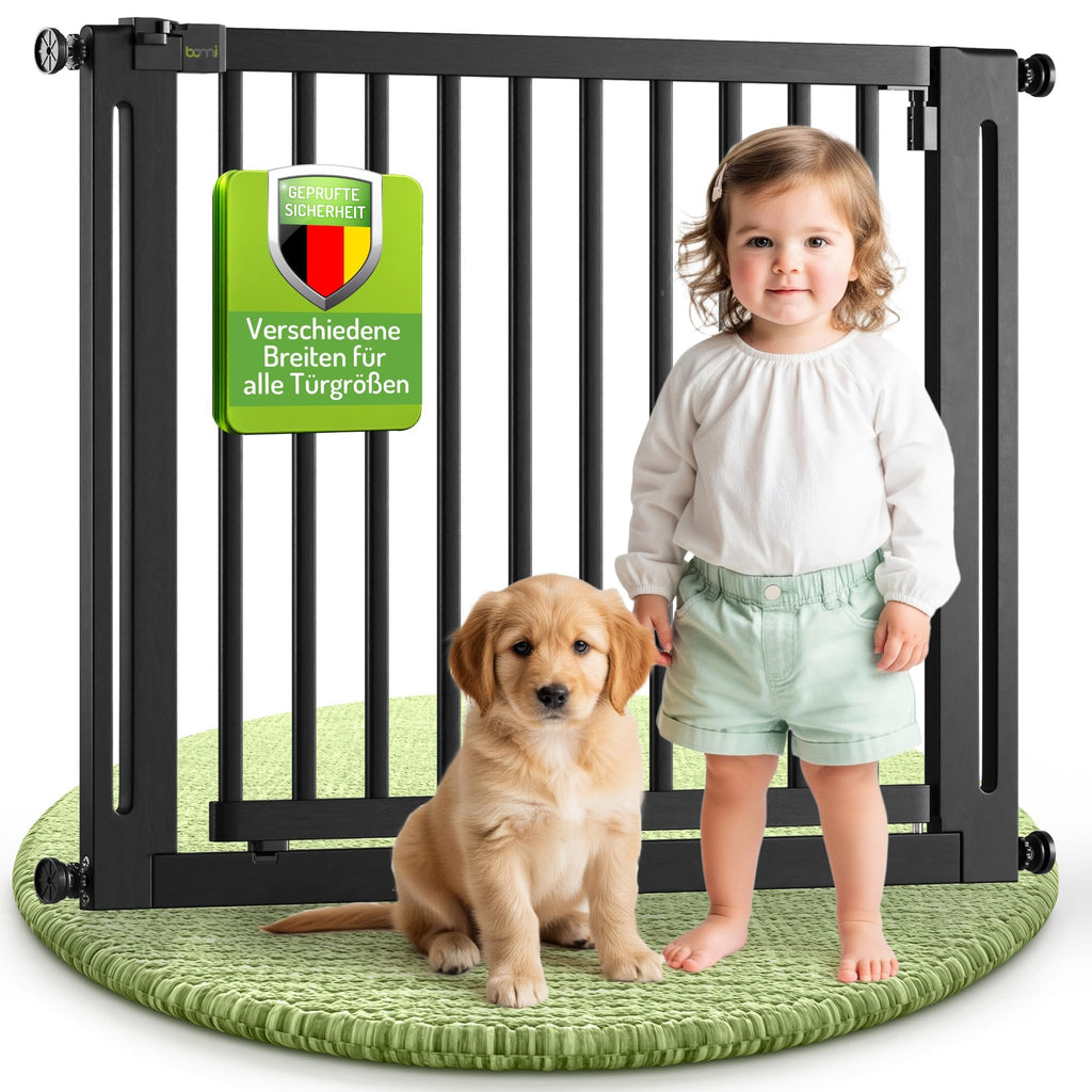 BOMI Baby Schutzgitter Treppe Miko PEFC geprüftes Buchenholz | Ohne Bohren | Gittertür aus Holz schwarz | Stabile Baby Schutzgitter Tür für Kindersicherheit | Treppen Türgitter | Breite: 87-95 cm