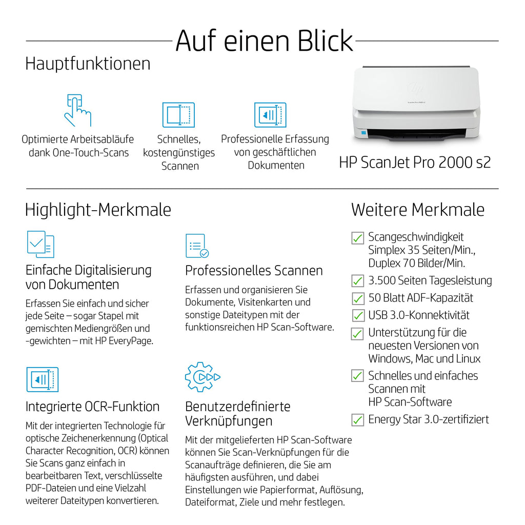 HP ScanJet Pro 2000 s2, Scanner, Einzelblattzufuhr, 50-Blatt ADF, USB 3.0, bis zu 3.500 Seiten täglich, Kurzbefehle