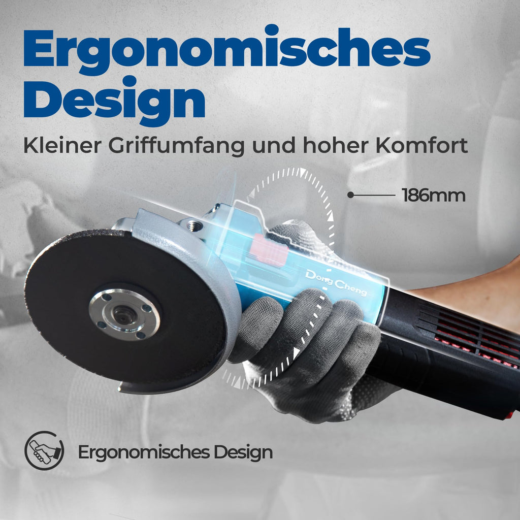 DongCheng Winkelschleifer 1100W, 125mm, Leerlaufdrehzahl:11.800min-1, Schnellverschlussabdeckung, Zusatzhandgriff ，mit 2 Schleifscheiben, 2 Fächerschleifscheiben, 2 Trennscheiben