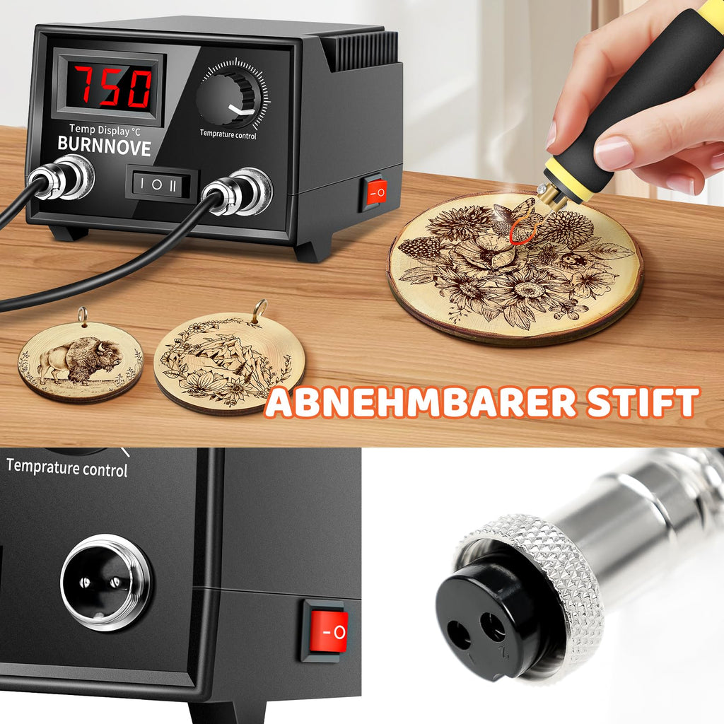 BURNNOVE Holz Pyrographie Set 100W, 100–750°C, Doppel-Pyrographie-Stifte mit LCD-Display, 21 Spitzen, Temperaturregelung, Komplettset für Holz, Leder, Kunsthandwerk