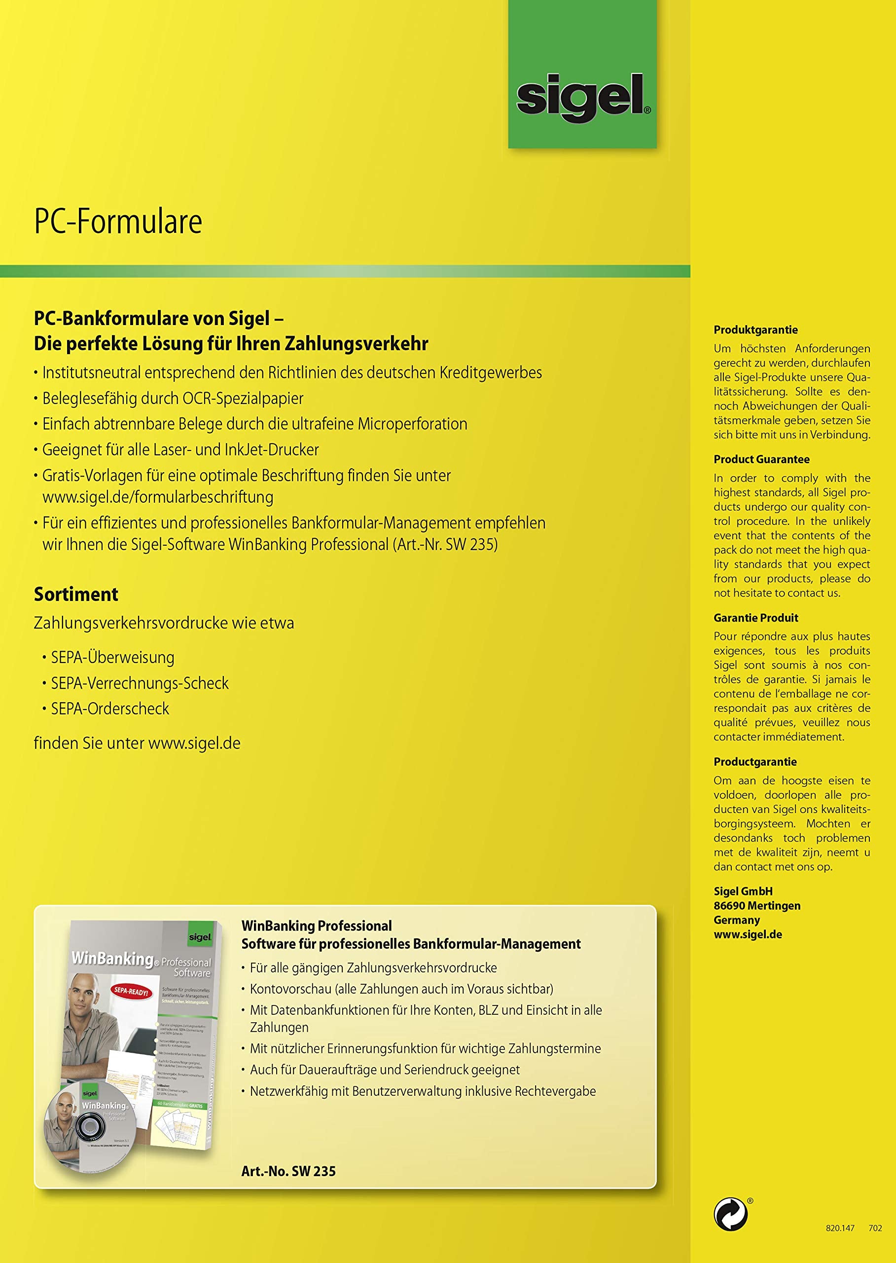 SIGEL ZV570 SEPA-Überweisungen, A4, 100 Blatt, Überweisungsträger / Zahlschein, mit gratis Beschriftungsvorlage
