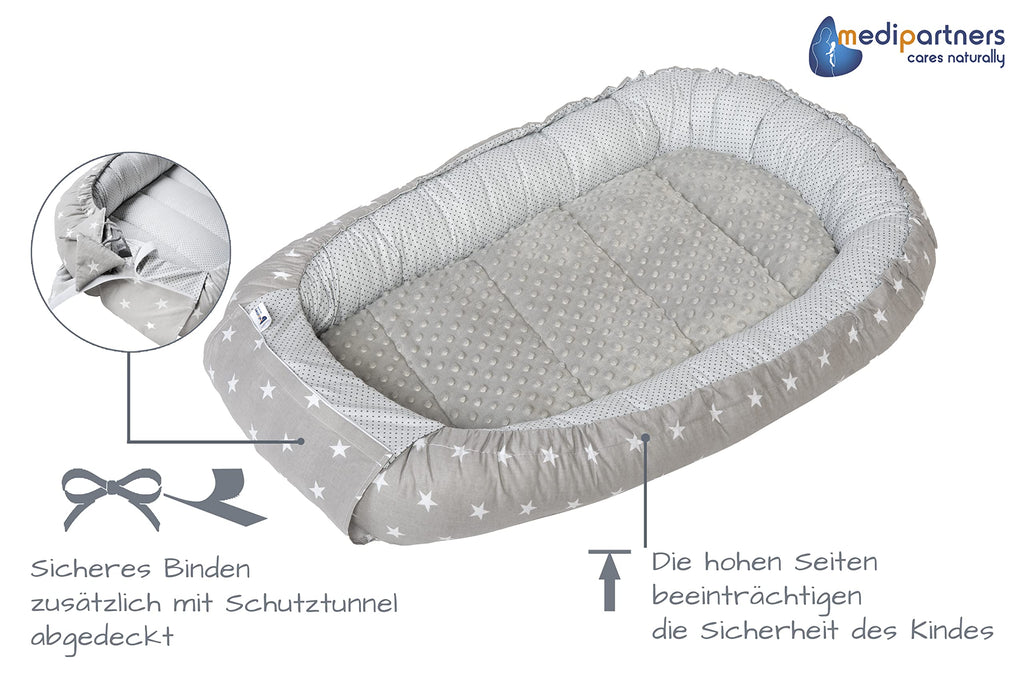 Medi Partners Babynest Nestchen für Neugeborene - 100x60x15 Babynestchen Baby zweiseitg Nest Bett 100% Baumwolle Minky Kuschelnest tragbar (graue Sternen mit graue Minky)