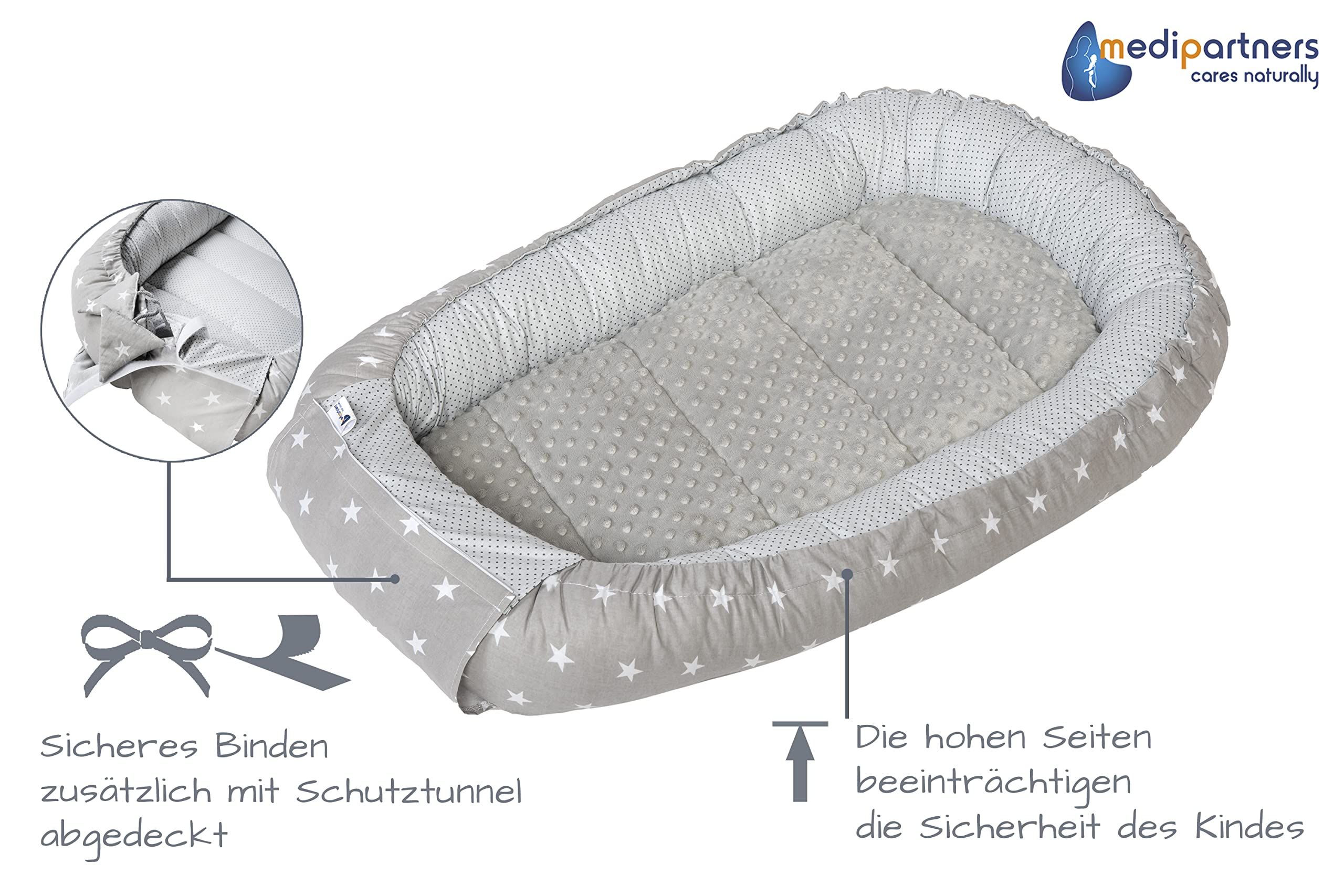 Medi Partners Babynest Nestchen für Neugeborene - 100x60x15 Babynestchen Baby zweiseitg Nest Bett 100% Baumwolle Minky Kuschelnest tragbar (graue Sternen mit graue Minky)