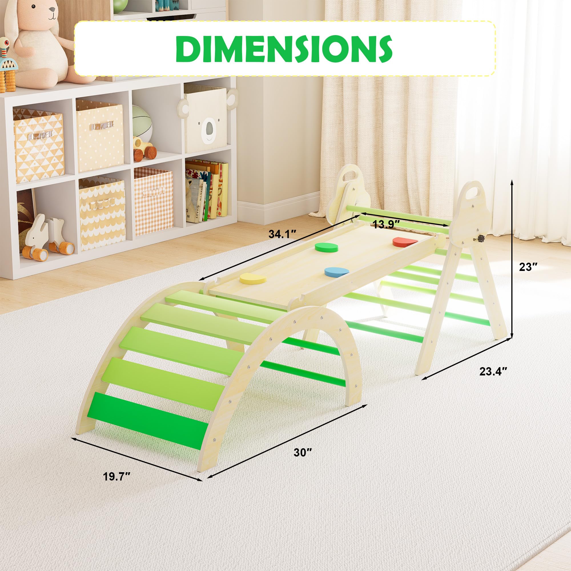 7-in-1 Montessori Kletterdreieck mit Kissen – Holz Kletterspielzeug für Kleinkinder 1-3 Jahre – Indoor Kletterbogen mit Rutsche, Leiter & Spielbogen (Green)