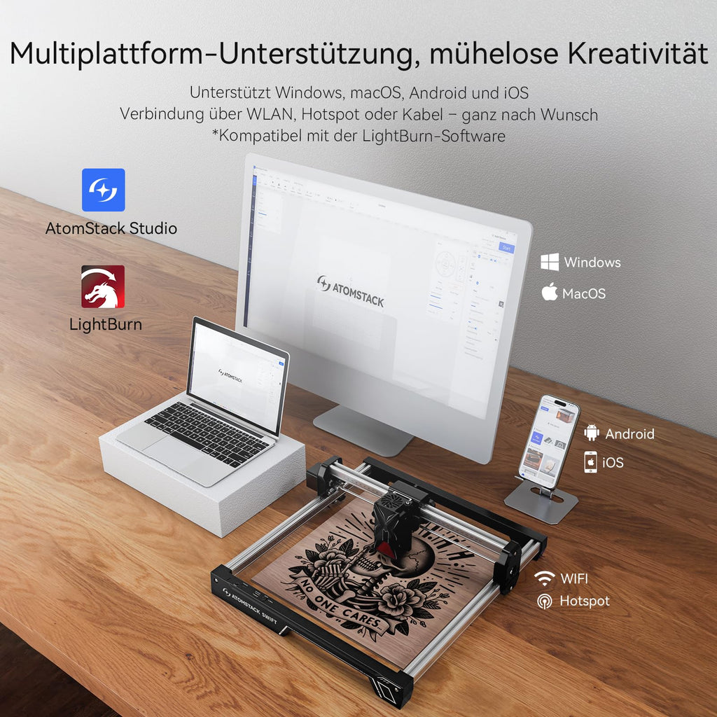 ATOMSTACK 12 W Laser graviermaschine, Gravurfläche 300 × 300 mm, Swift 12 W Serie Laserschneider, 0,01 mm hochpräzise Laser Cutter für Holz und Metall, dunkles Acryl, Leder (Schwarz, Swift-12W)