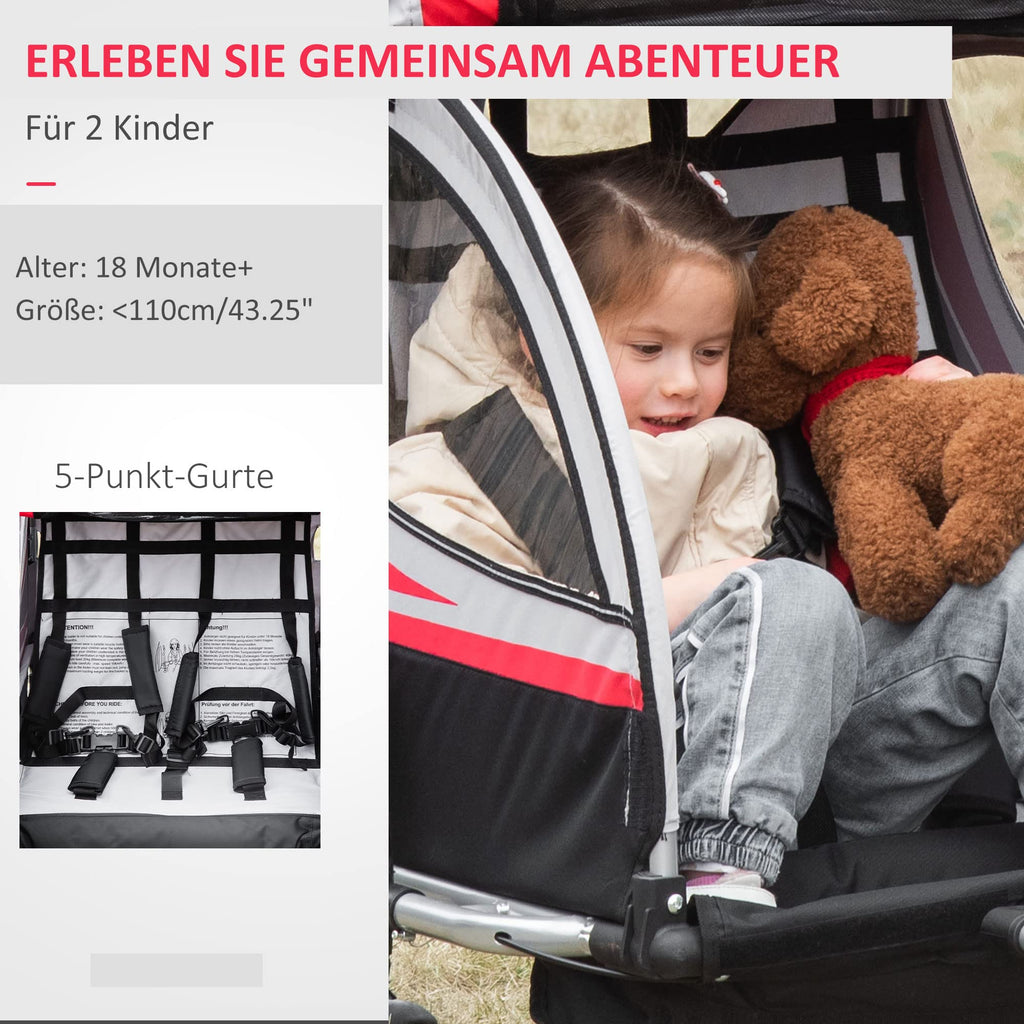 HOMCOM 2 in 1 Kinderanhänger klappbar Fahrradanhänger mit abnehmbarem Vorderrad, Hinterradbremsen, Kinderfahrradanhänger für 2 Kinder ab 18 Monate, bis 26,4 kg belastbar, Rot