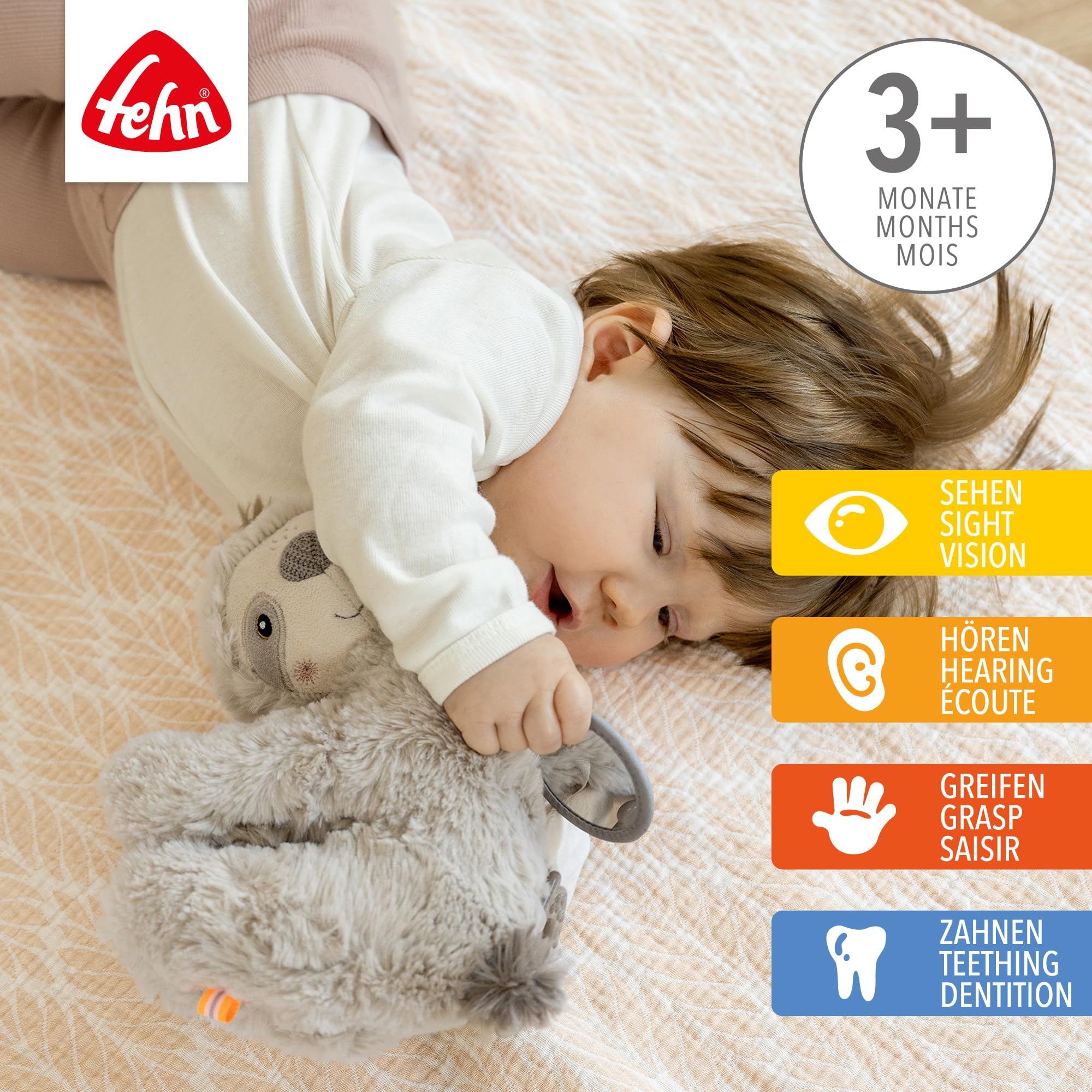 Fehn Activity-Faultier – Motorikspielzeug zum Aufhängen für Kinderwagen, Kinderbett und Babyschale – zum Beißen, Greifen und Geräusche erzeugen – Spielzeug für Babys und Kinder ab 0+ Monaten