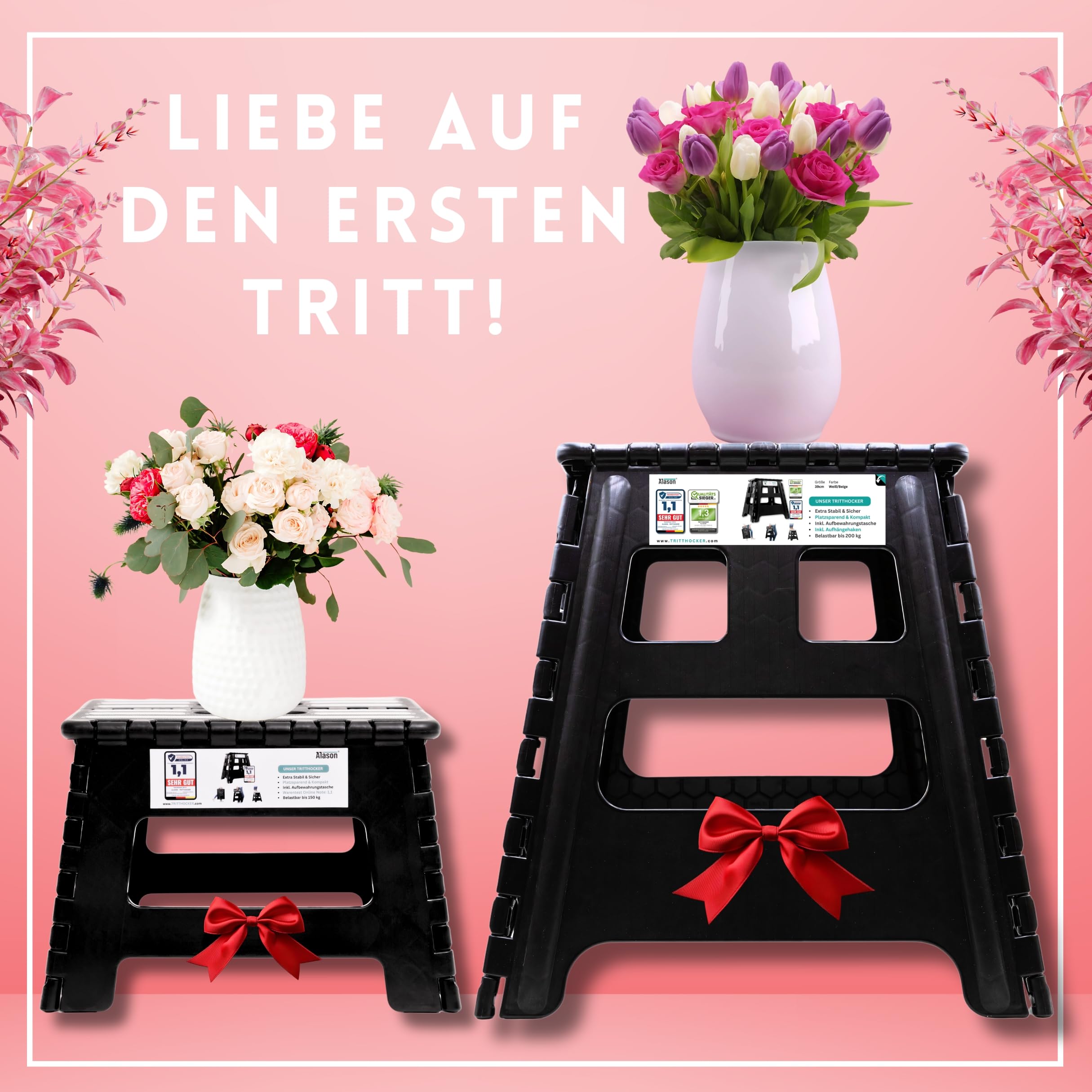 VERGLEICHSSIEGER - Alason® Tritthocker Klappbar 39cm, Belastbar bis 200kg – Mit Aufhängehaken & Aufbewahrungstasche – Platzsparender, Faltbarer Hocker in Anthrazit/Schwarz für Zuhause, Küche & Bad