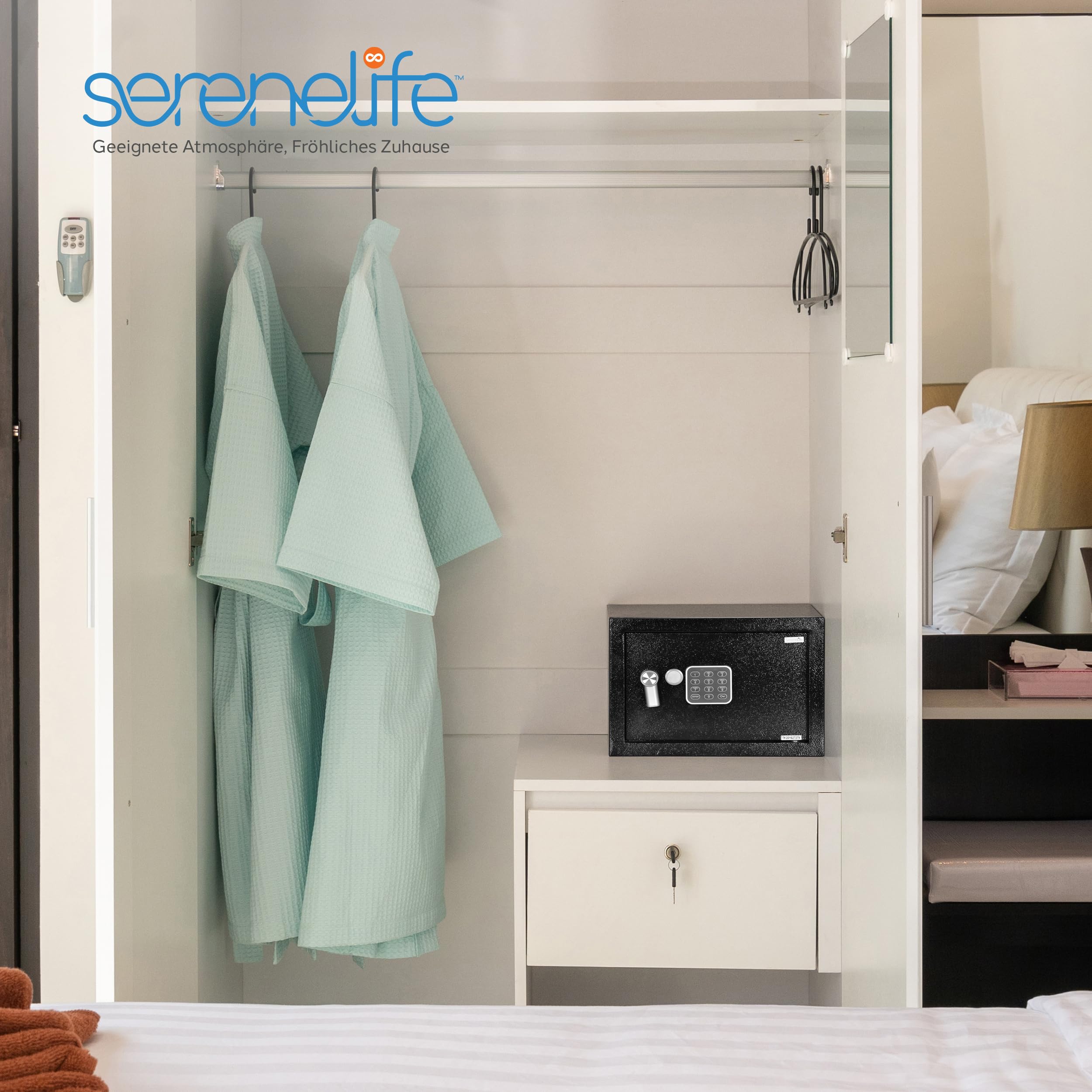 SereneLife Tresor, Elektr. Safe- 15L, 31x20x20cm- Kompakt, Robust mit Gepolsterter Innenraum & Zahlenschloss, Sicher für Bargeld, Schmuck & Wertsachen, Doppelbolzen, Für Zuhause & Büro