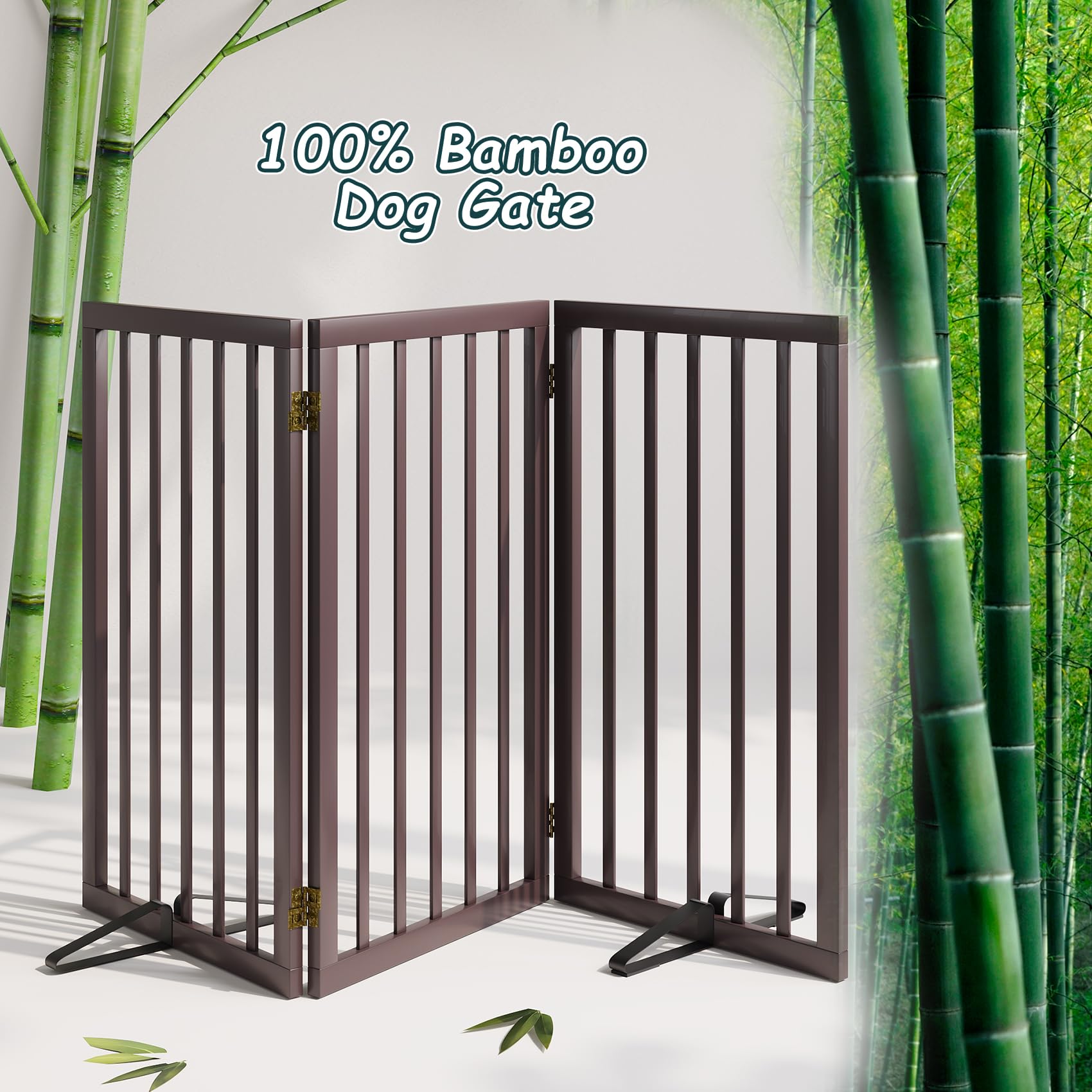 Semiocthome Absperrgitter für Hunde, 3-Panel Hundegitter, ausgestattet mit 2 Metallstützen, 82 cm hoch, faltbares Gitter für den Innenbereich, erweiterbar bis 140 cm Breite, Braun