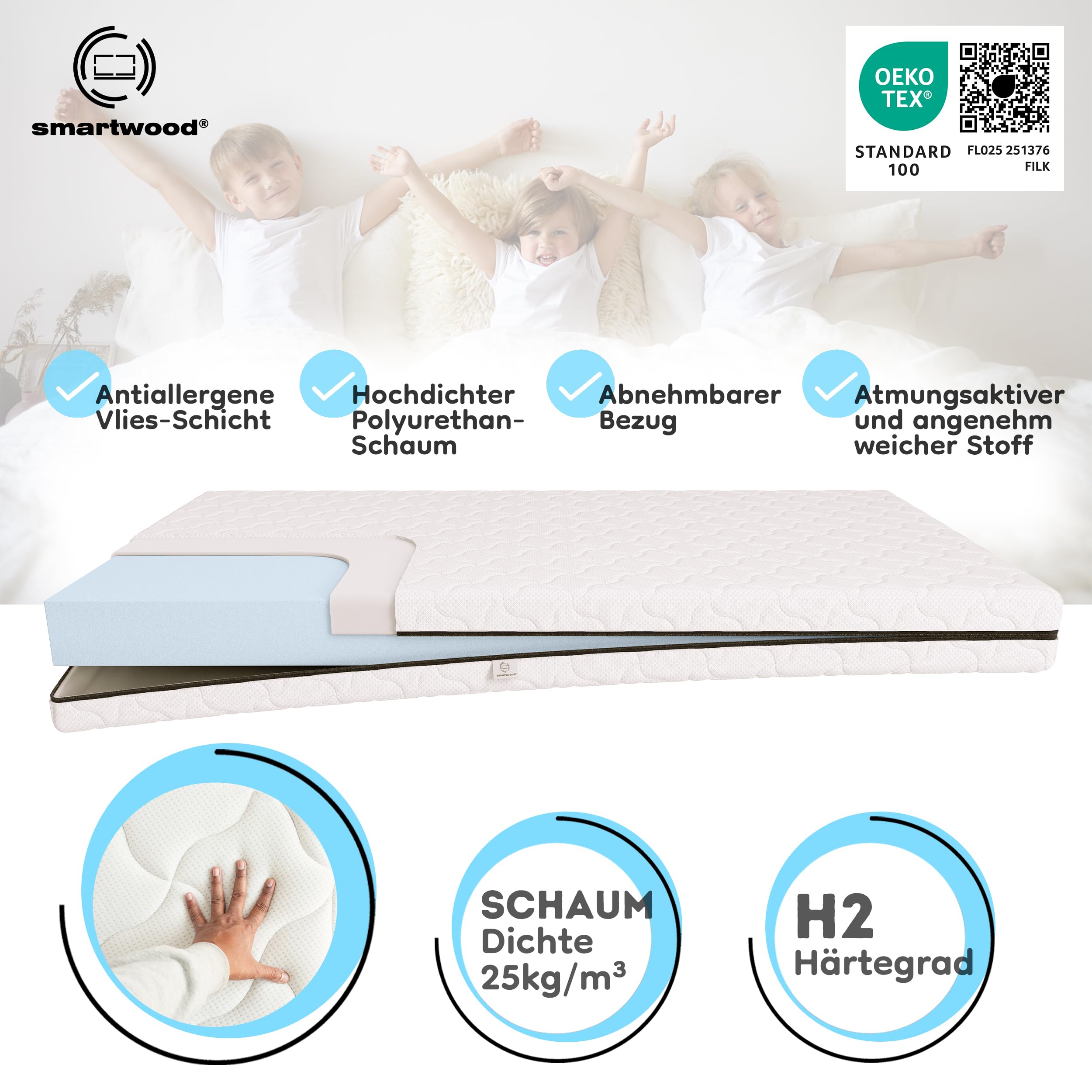 smartwood Kindermatratze 90x200 12cm Matratze für Kinder - H2 Schaumstoffmatratze Oeko-TEX-Zertifiziert - Wendbar - mit Waschbarem Antiallergischem Bezug – SmartComfort | Made in EU