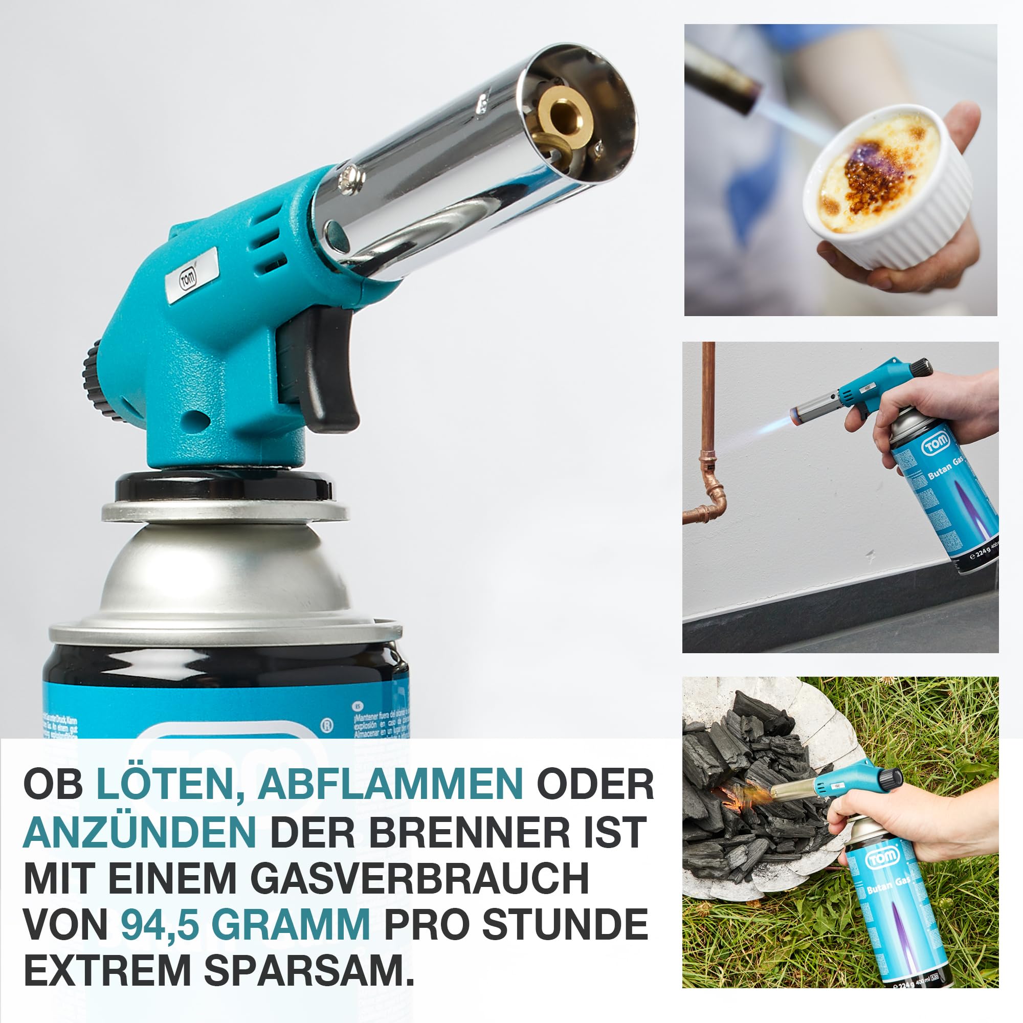 TOM Gasbrenner – Brenneraufsatz - Gaskartuschen mit Bajonettverschluss MSF-1A für Werkstatt, Garten, Küche & Co. – 1300°C – Piezozündung – Lötbrenner – Bunsenbrenner (Gasbrenner mit 4 Gaskartuschen)