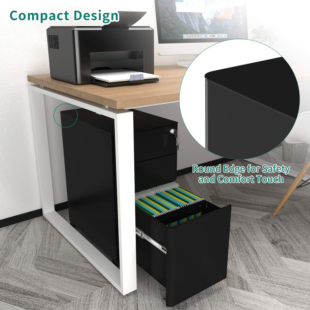 YITAHOME Rollcontainer, Abschließbar Rollcontainer mit 3 Schubladen, Metall Mobiler Aktenschrank Büroschrank mit Rollen für A4, Legal, Letter Home-Office, Hängeregistratur, Schwarz, 46 x 30 x 59cm