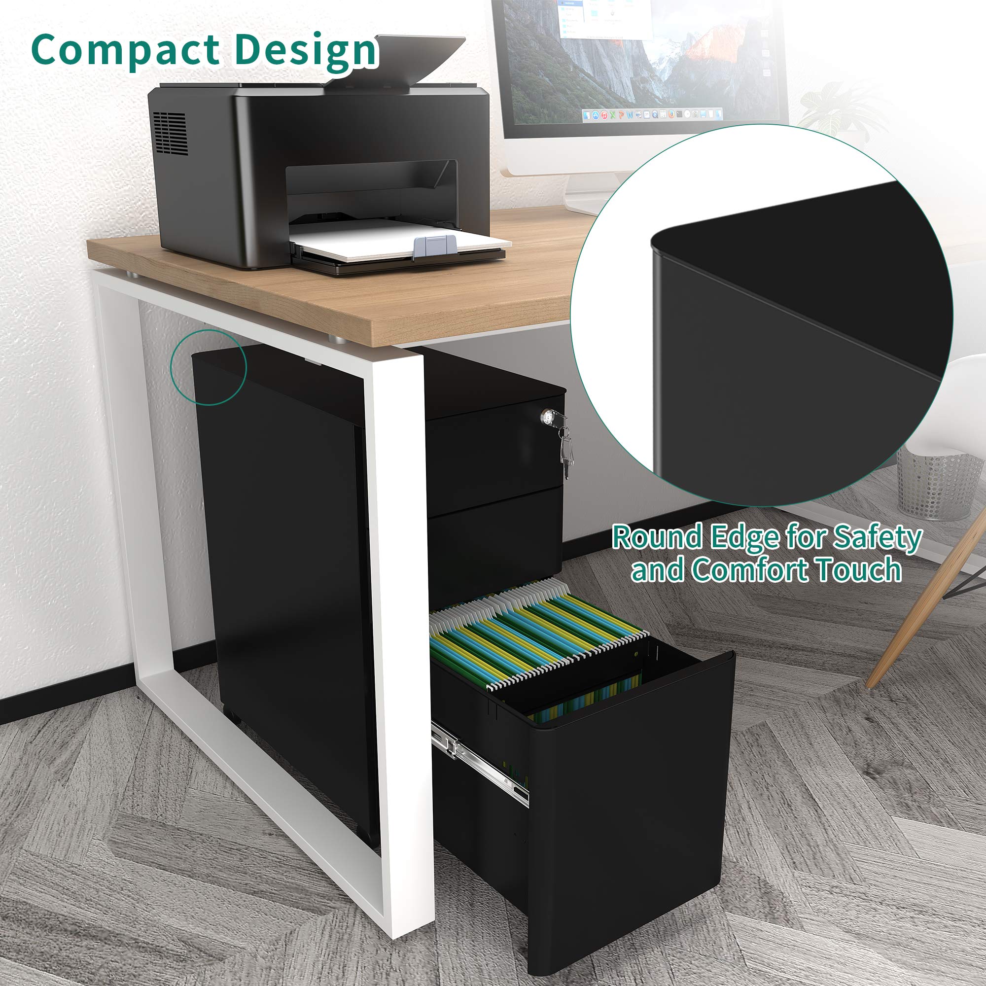 YITAHOME Rollcontainer, Abschließbar Rollcontainer mit 3 Schubladen, Metall Mobiler Aktenschrank Büroschrank mit Rollen für A4, Legal, Letter Home-Office, Hängeregistratur, Schwarz, 46 x 30 x 59cm