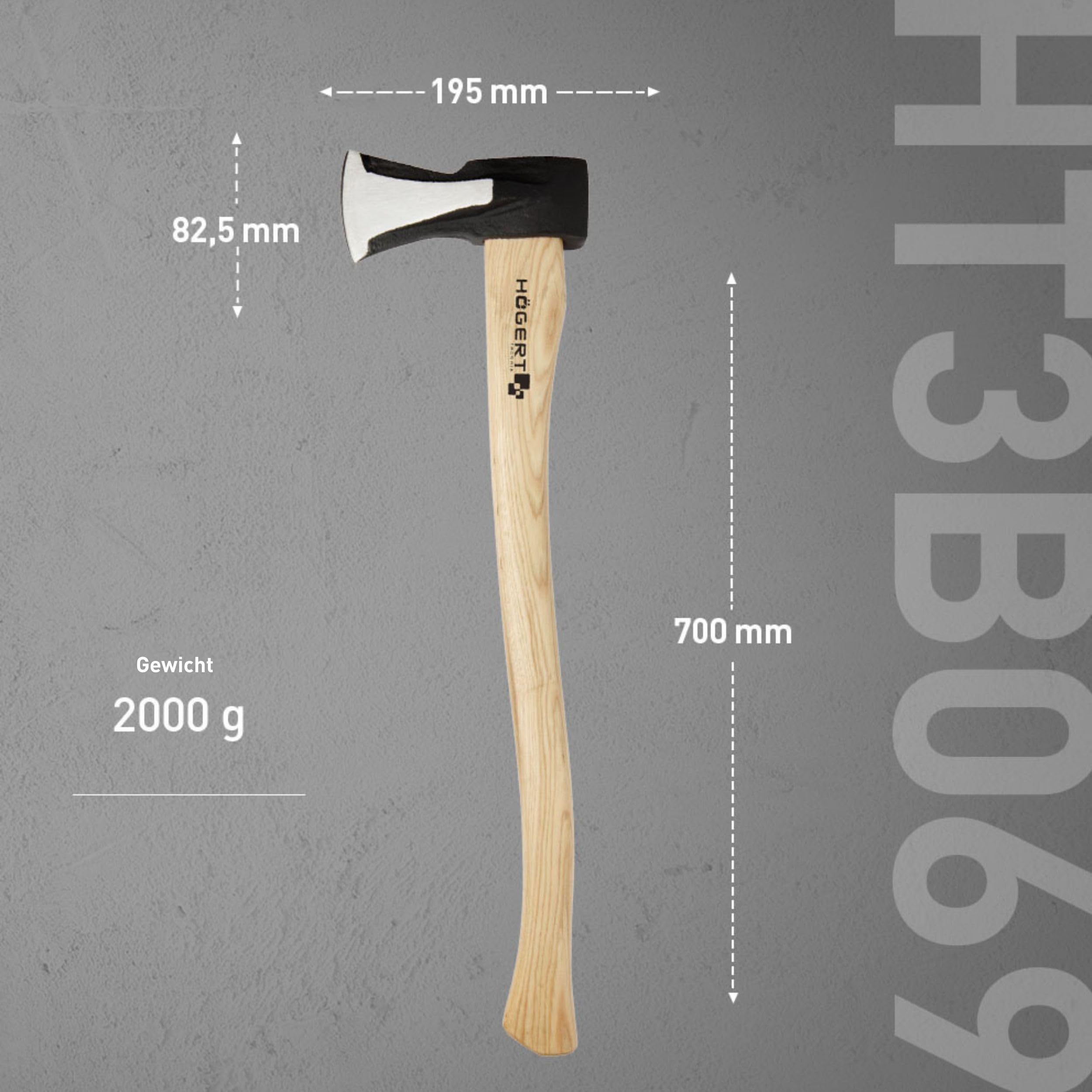HÖGERT TECHNIK Spaltaxt 2000g, Hickory-Holzgriff, gehärteter Stahl, 47-55 HRC, UV-Beschichtung, Keilbefestigung, extra Stabilität, ideal zum Spalten von Baumstämmen und Holz