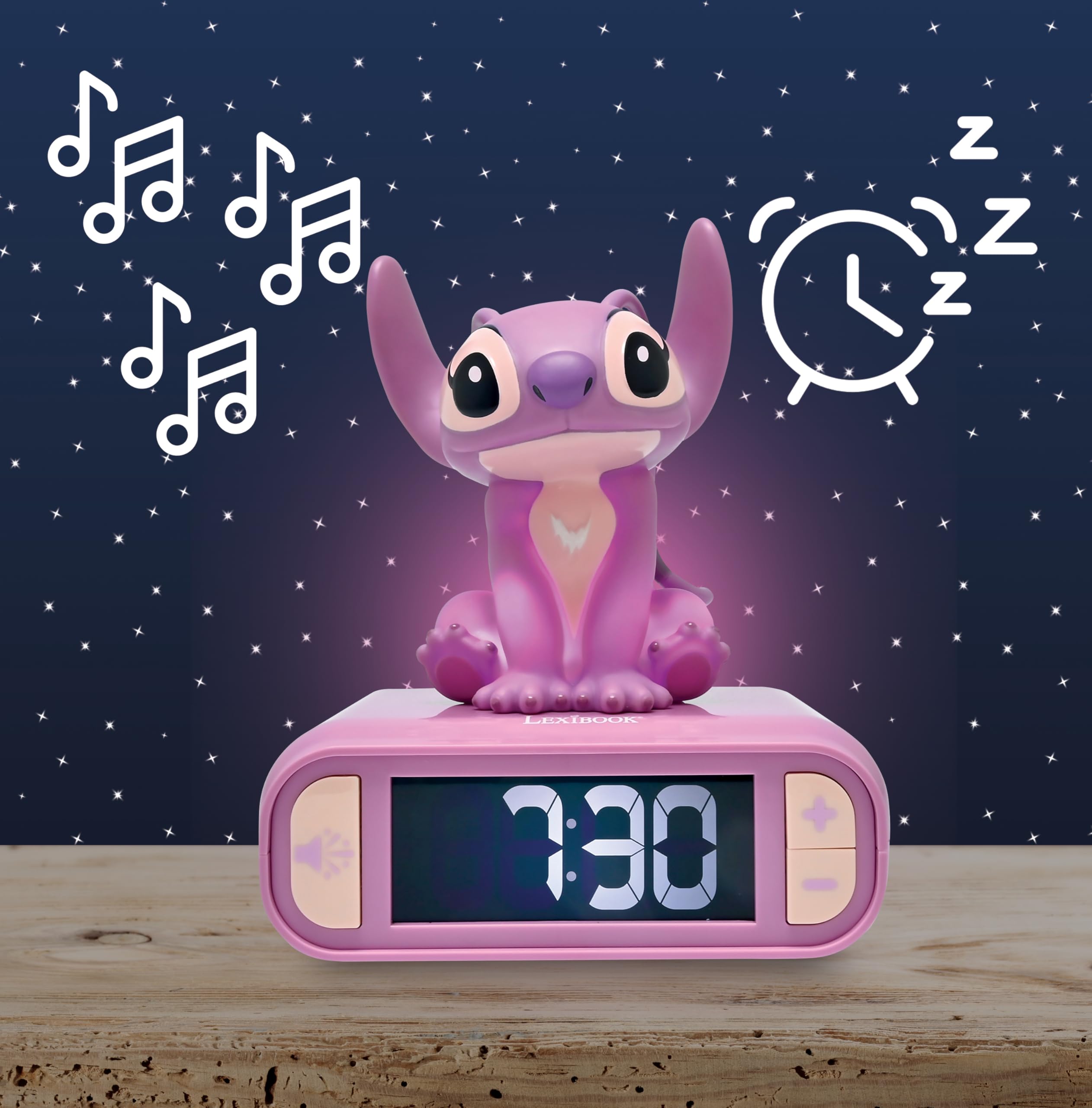 Lexibook, Disney Stitch, Angel Nachtlicht-Wecker, Töne und Melodien, hintergrundbeleuchteter LCD-Bildschirm, Leuchtend, Schlummerfunktion, rosa, RL800D1