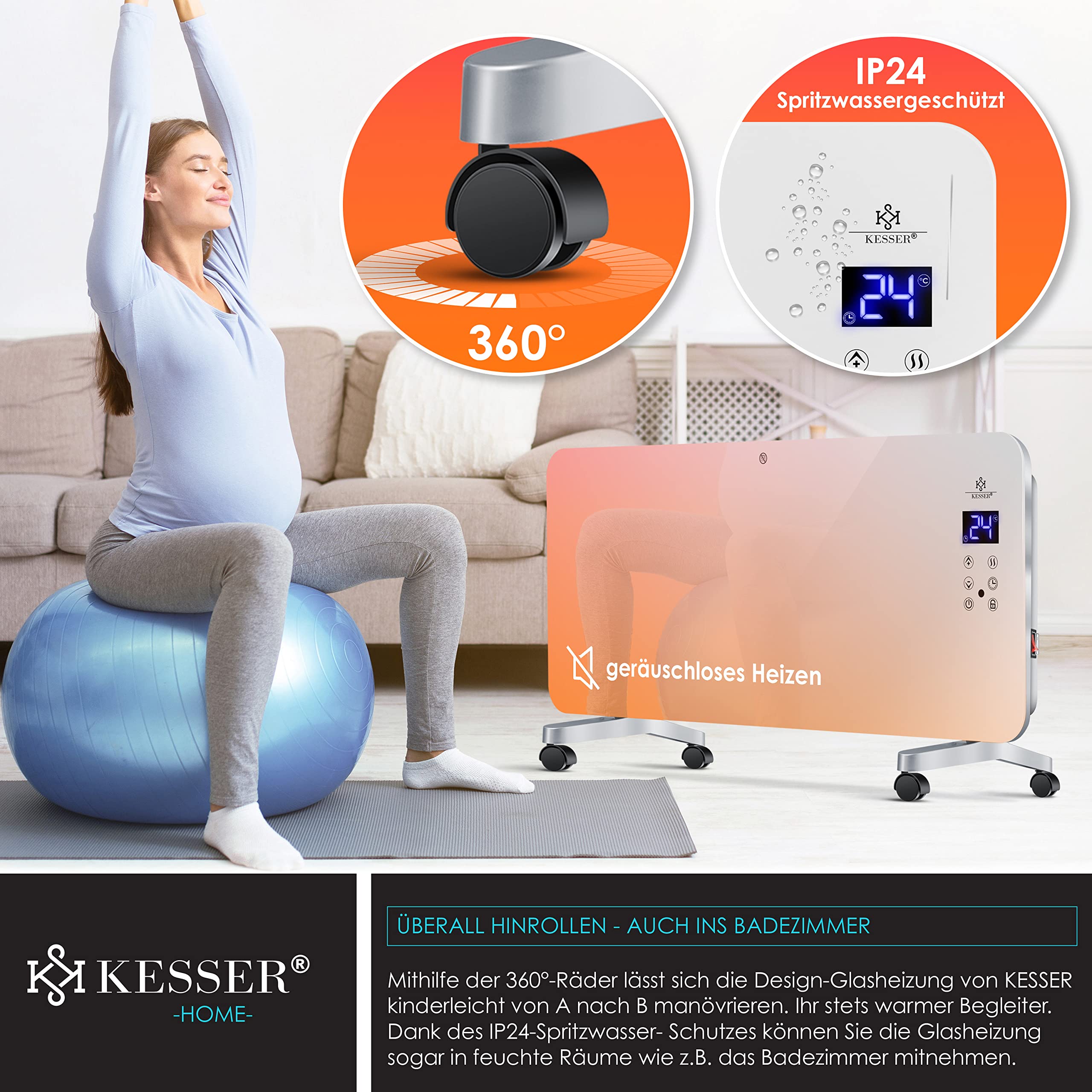 KESSER® Elektro Glasheizung Glaskonvektor Elektroheizung Heizung Heizkörper ✓ Touchscreen ✓ APP WiFi Funktion Inkl. Fernbedienung ✓ LCD-Display ✓ Timer | Stand- oder Wandgerät | 2000 Watt | Weiß