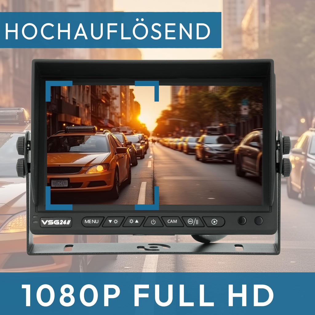 VSG24 Rückfahrkamera 7" HD Starter-Set inkl. Kamera, Monitor, Kabel - Wasserdicht Nachtsicht 12V-24V Einfache Montage/Robustes Rückfahrsystem für Auto Wohnwagen LKW Anhänger Wohnmobile Einparkhilfe