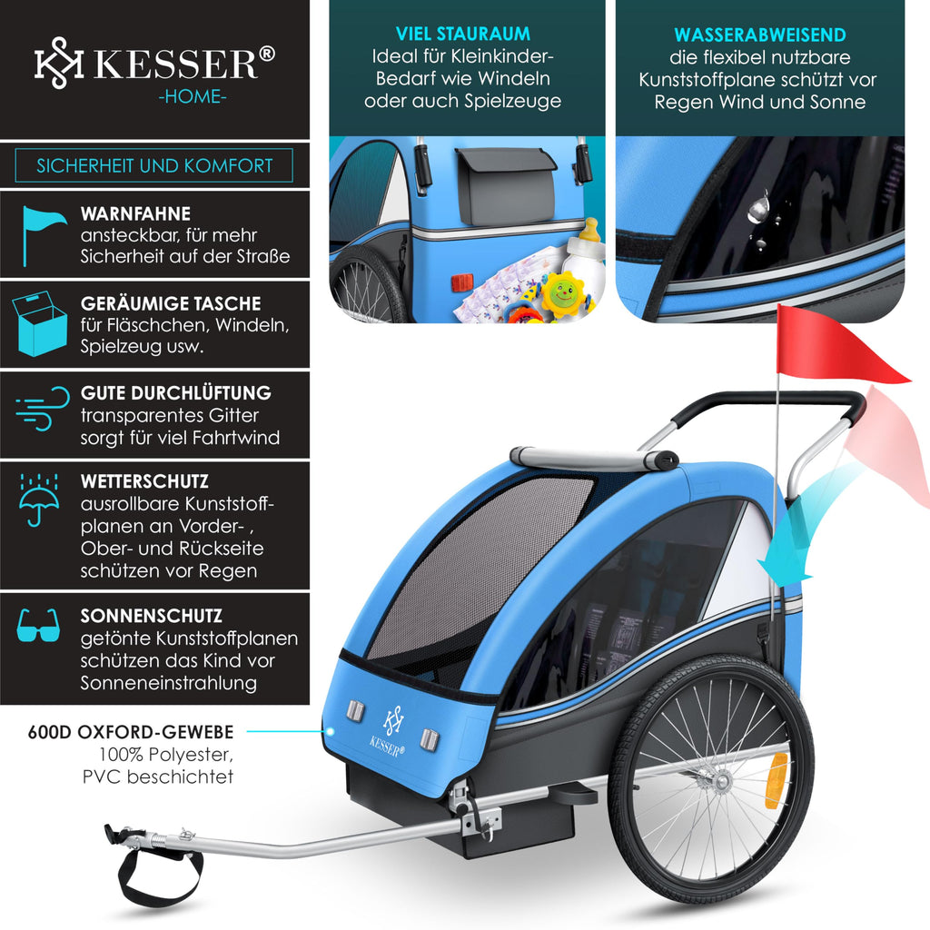 KESSER® Kinderfahrradanhänger Sport-RX 2in1 Jogger & Buggy 5-Punkt-Gurt Sicherheitsgurt 360° Vorderrad Kinderfahrradanhänger Reflektoren für 1-2 Kinder (max. 40 kg) Getränkehalter & Smartphonefach