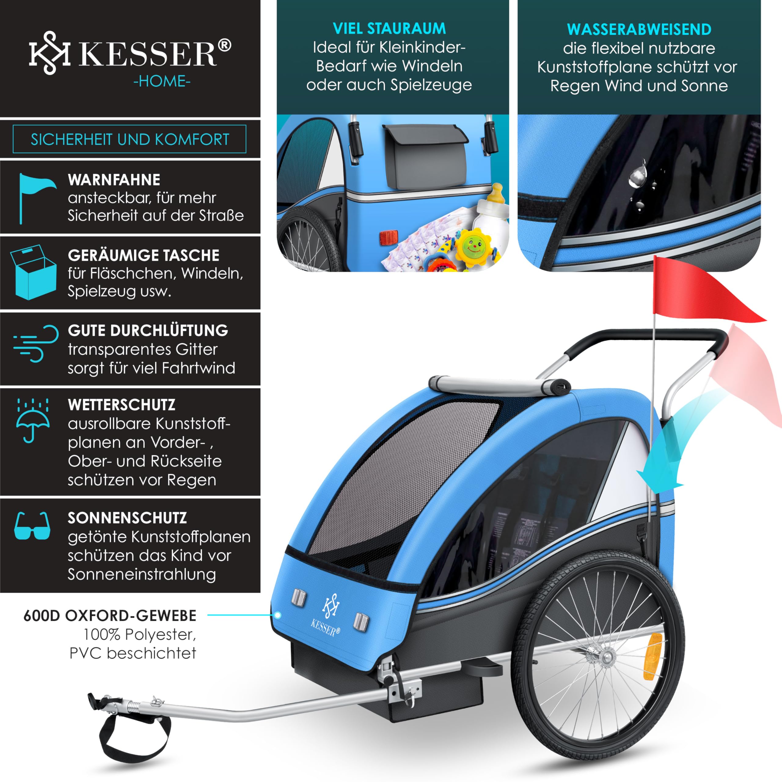 KESSER® Kinderfahrradanhänger Sport-RX 2in1 Jogger & Buggy 5-Punkt-Gurt Sicherheitsgurt 360° Vorderrad Kinderfahrradanhänger Reflektoren für 1-2 Kinder (max. 40 kg) Getränkehalter & Smartphonefach