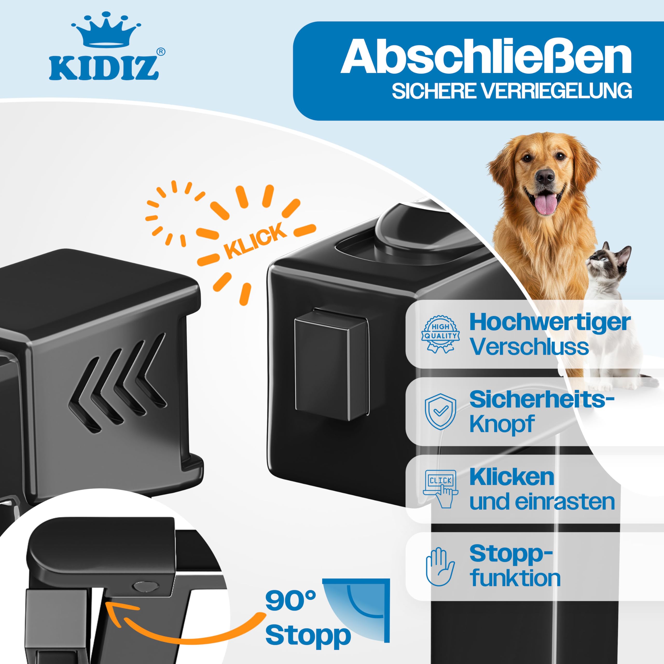 KIDIZ Absperrgitter zum Klemmen mit Katzenklappe, Türschutzgitter, Autoclose Kinder Treppengitter ohne Bohren | 90° Stopp Schutz, schwenkbar, Treppenschutzgitter, Schwarz, Breite: 81-87 cm