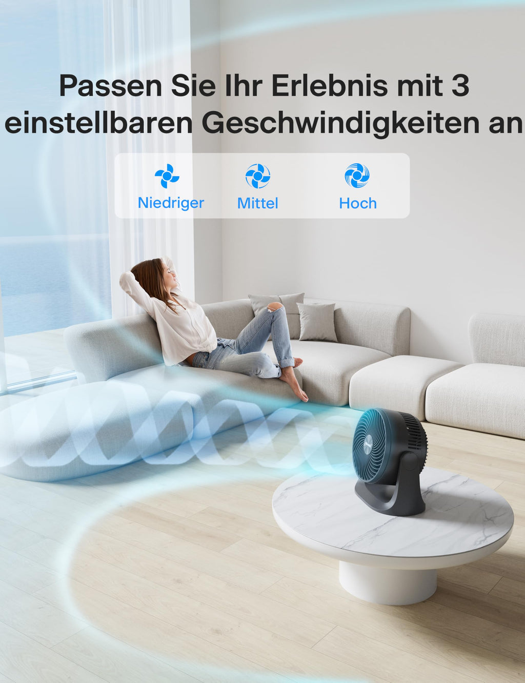 PELONIS 3 stufiger Luftzirkulationsventilator 18 cm Kompakt Tischventilator mit 100° Neigung, Leiser Betrieb für Schlafzimmer & Büro Energieeffizienter Schwarz Ventilator