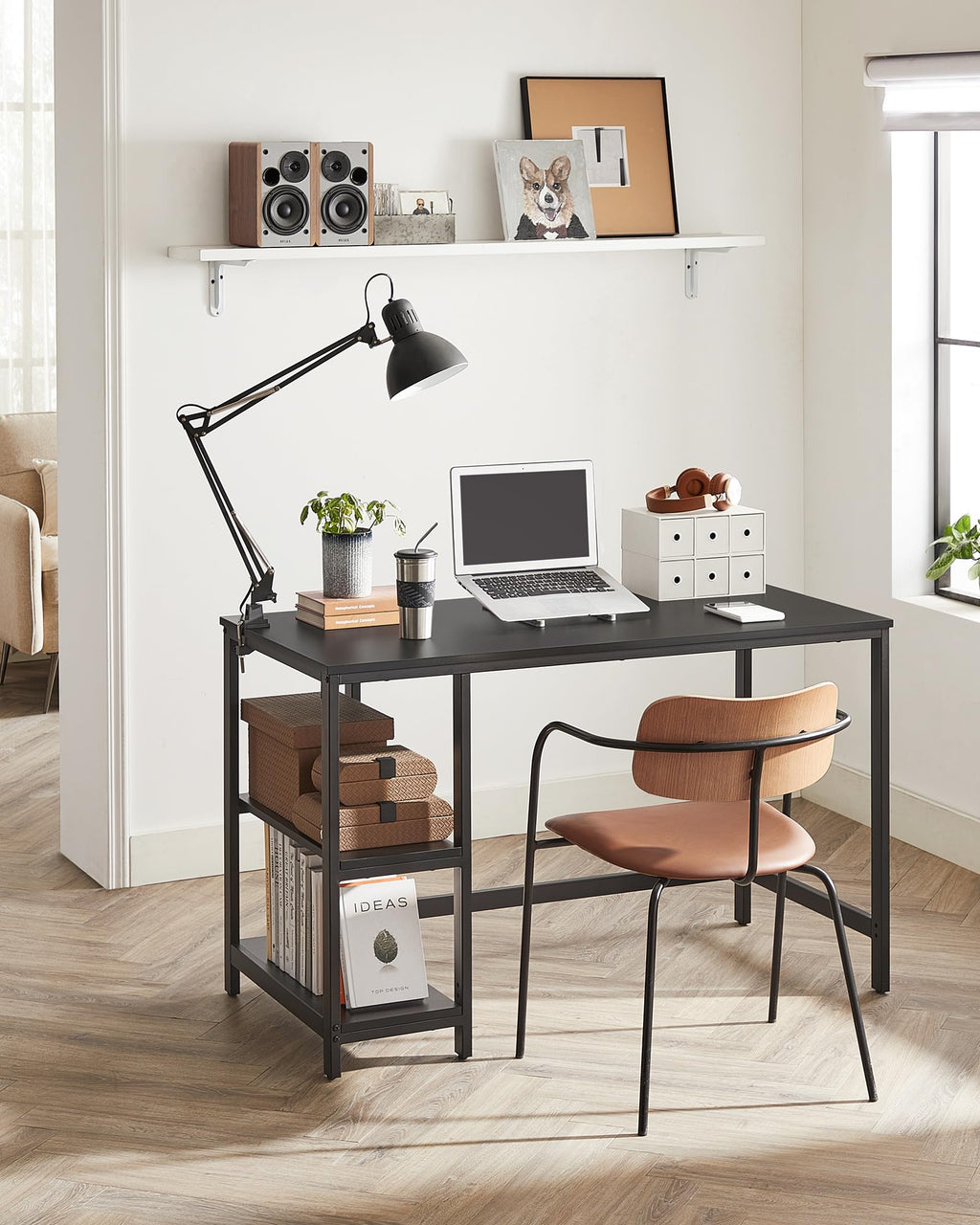 VASAGLE Schreibtisch, Computertisch, PC-Tisch, Bürotisch, mit 2 Ablagen auf der rechten oder linken Seite, fürs Büro, Wohnzimmer, Stahlgestell, Industrie-Design, schwarz LWD047B16