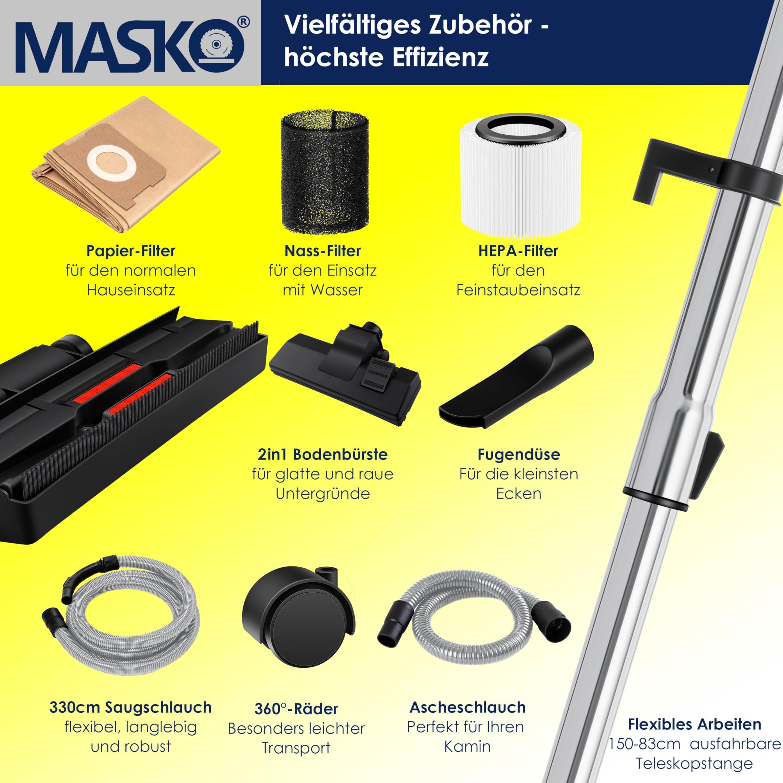 MASKO® 6IN1 Industriestaubsauger Staubsauger Nass Trocken Sauge Aschesauger 2300W + Steckdose✓ Blasfunktion ✓ Trocken-Saugen & Nass-Saugen | Industrie-Sauger mit & ohne Beutel | beutellos, Gelb