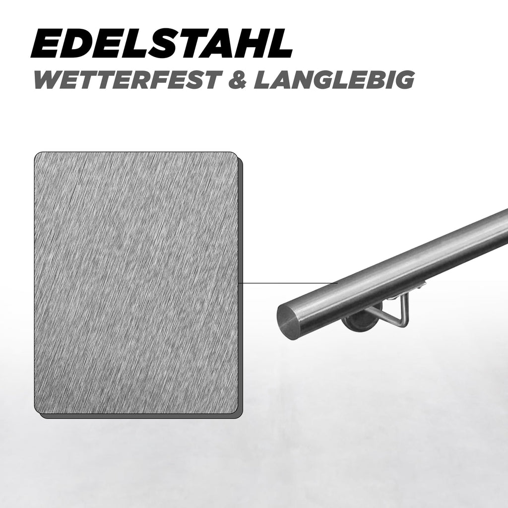 V2Aox Handlauf Treppengeländer aus Edelstahl, Durchmesser: 4,2 cm, Rostfrei & Wetterfest, Inklusive Montagematerial, Halter, Länge: 140 cm