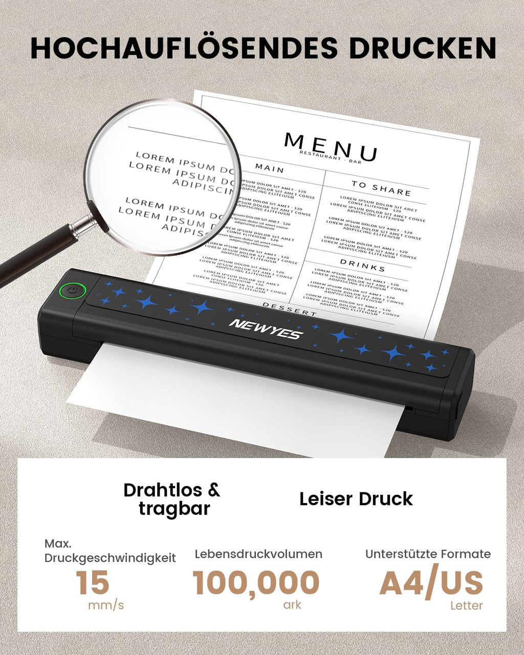 NEWYES Drucker, Tragbarer Thermodrucker für Geschäftsreisende und Studenten – Bluetooth Drucker für A4 Thermodruckpapier, Kompakt, Sofortiger Druck & Langlebiger Akku