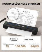 NEWYES Drucker, Tragbarer Thermodrucker für Geschäftsreisende und Studenten – Bluetooth Drucker für A4 Thermodruckpapier, Kompakt, Sofortiger Druck & Langlebiger Akku
