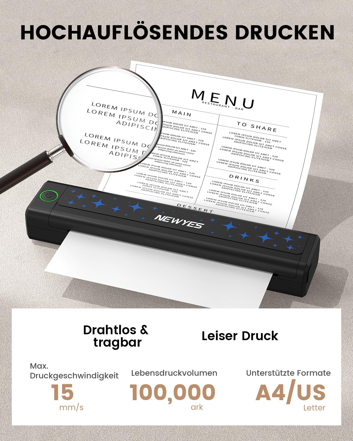 NEWYES Drucker, Tragbarer Thermodrucker für Geschäftsreisende und Studenten – Bluetooth Drucker für A4 Thermodruckpapier, Kompakt, Sofortiger Druck & Langlebiger Akku