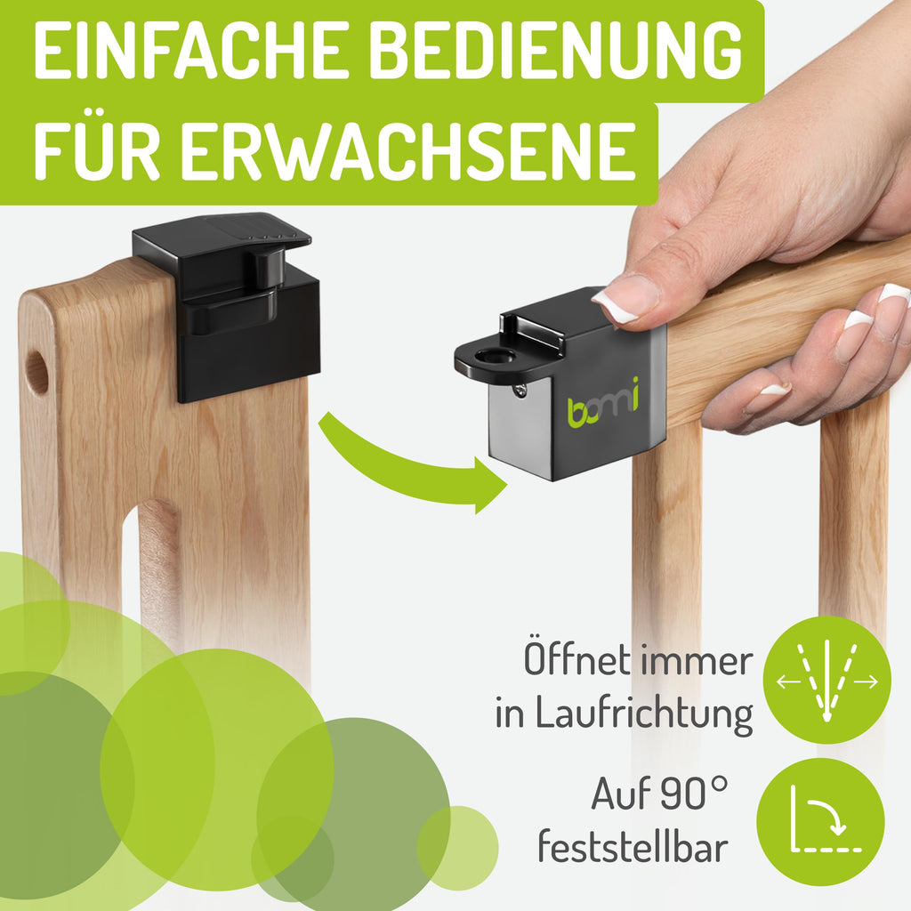 BOMI Baby Schutzgitter Treppe Miko PEFC geprüftes Buchenholz | Ohne Bohren | Gittertür aus Holz schwarz | Stabile Baby Schutzgitter Tür für Kindersicherheit | Treppen Türgitter | Breite: 87-95 cm