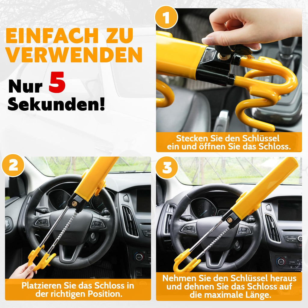 Tevlaphee Lenkradkralle, Lenkradschloss für Auto, Diebstahlsicherung auto, Strapazierfähig, Universelle Passform, PVC-Schutz, Verstellbar für Autos, SUVs, Wohnmobil, Wohnwagen, 3 Schlüssel(Gelb)