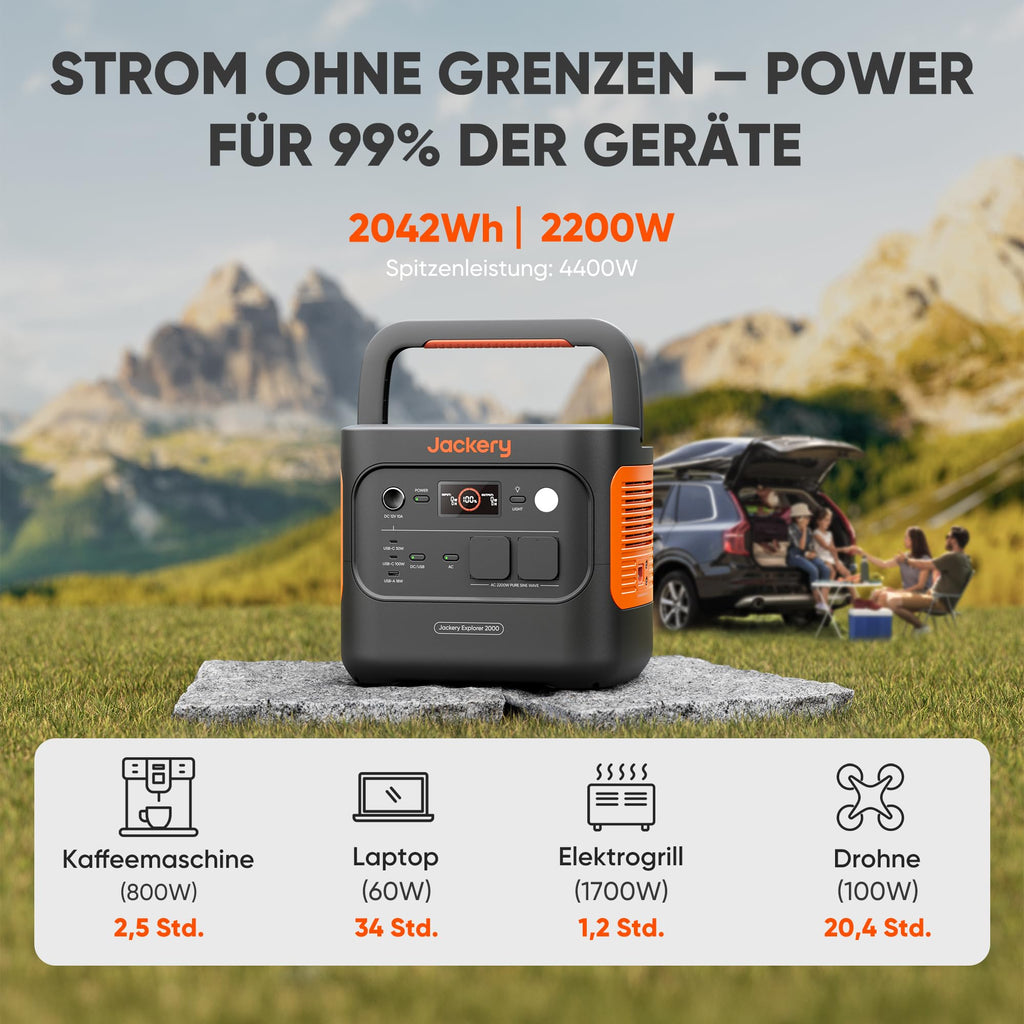 Jackery Explorer 2000 v2 Solargenerator Set, 2042Wh Tragbare Powerstation mit 200W Solarpanel, 5m Solarpanel-Verlängerungskabel & Kfz-Ladekabel, 2200W Ausgang, Schnellladung für Camping & Wohnmobil