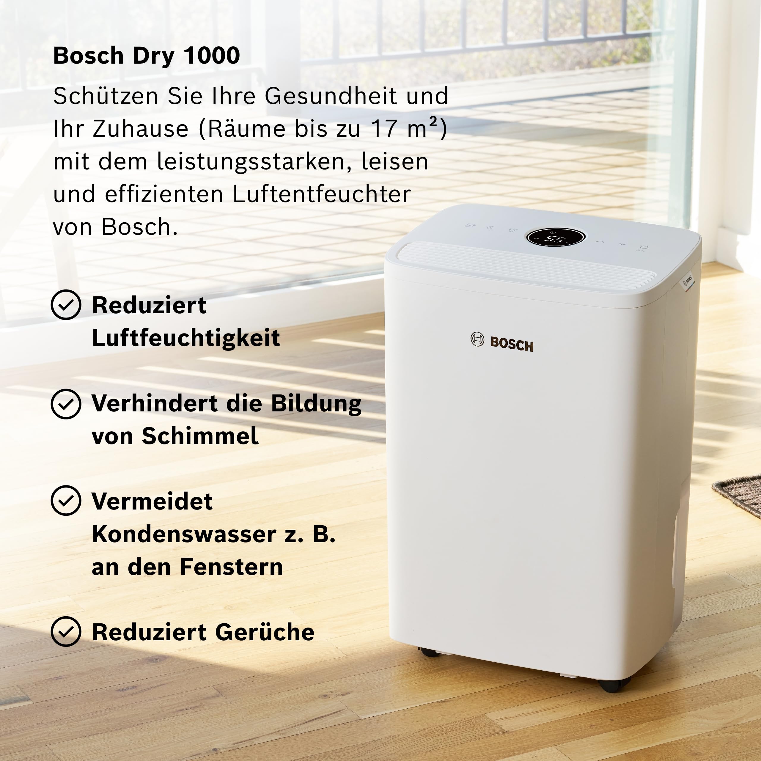 Bosch Dry 1000 Luftentfeuchter - Einfach. Effizient. Leise. - Für Räume bis zu 17 m² - Ideal für Deine Wohnung die schnelle Trocknung Deiner Wäsche