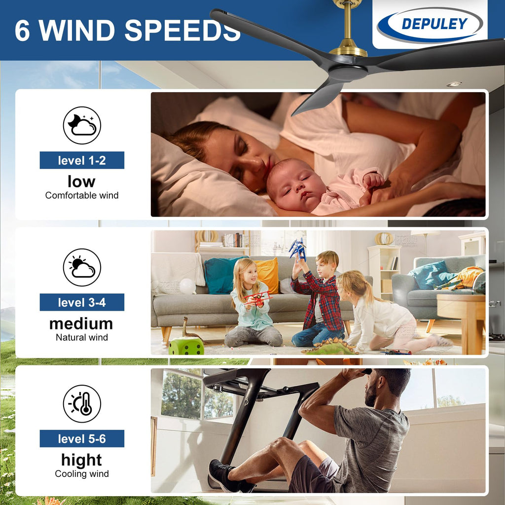 Depuley Groß Deckenventilator ohne Licht: 132CM Ventilator mit Fernbedienung und APP für Terrasse Garten - Leise Deckenventilator, Reversibler DC Timer für Schlafzimmer, Wohnzimmer, Schwarz und Gold