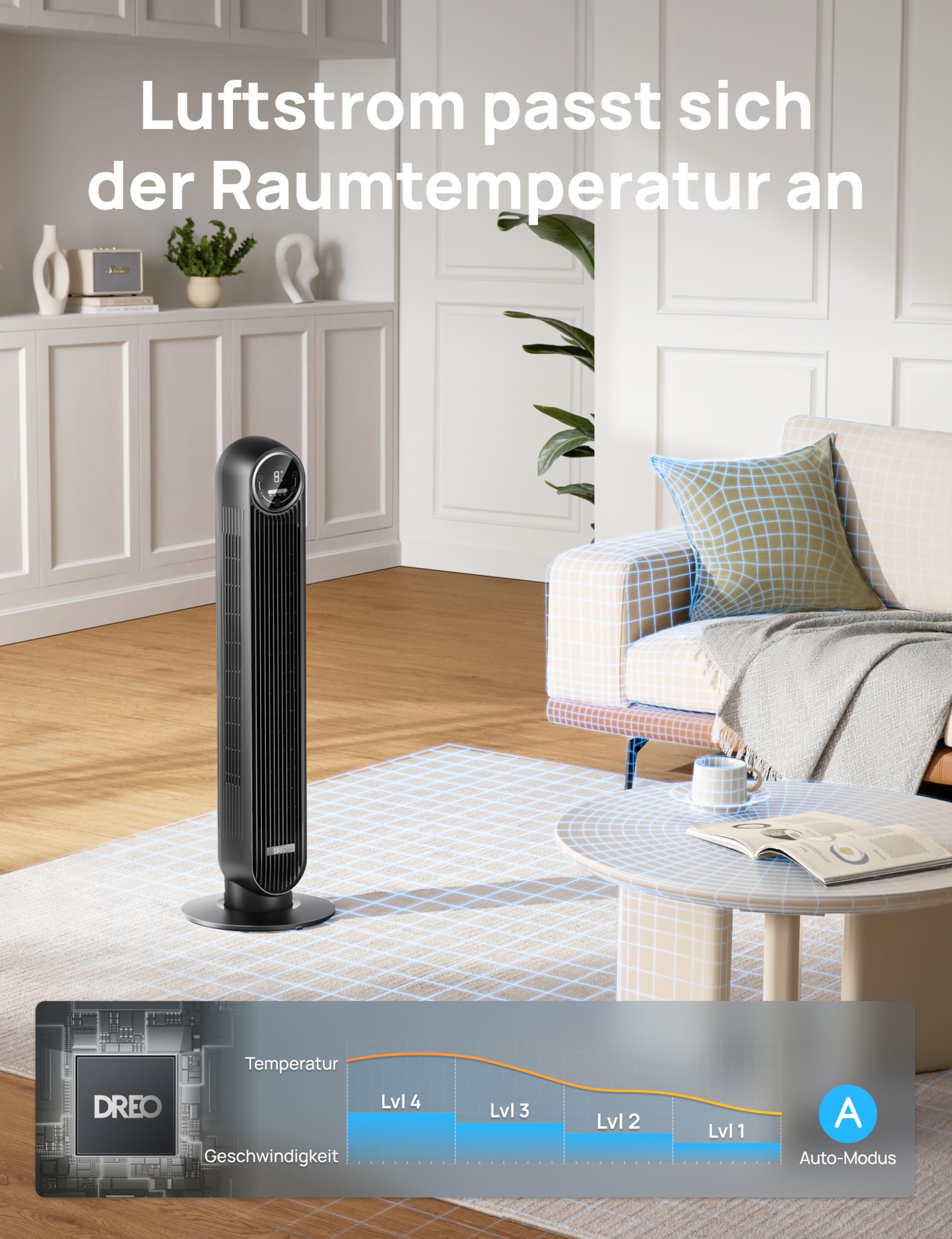 Dreo 20dB Leiser Turmventilator, 10 m Wurfweite 4 Geschwindigstufen 4 Modi 8 Std. Timer 90° oszillierende Ventilator mit Kühlung Fernbedienung für Schlafzimmer, Nomad One, Schwarz