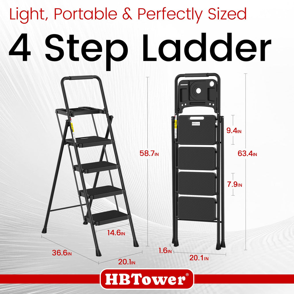 HBTower Trittleiter 4 Stufen klappbar, Leiter mit Breitem Anti-Rutsch-Pedal, Trittleiter mit Bequemer Handlauf, Tragbarer Tritthocker aus Stahl, Schwarz