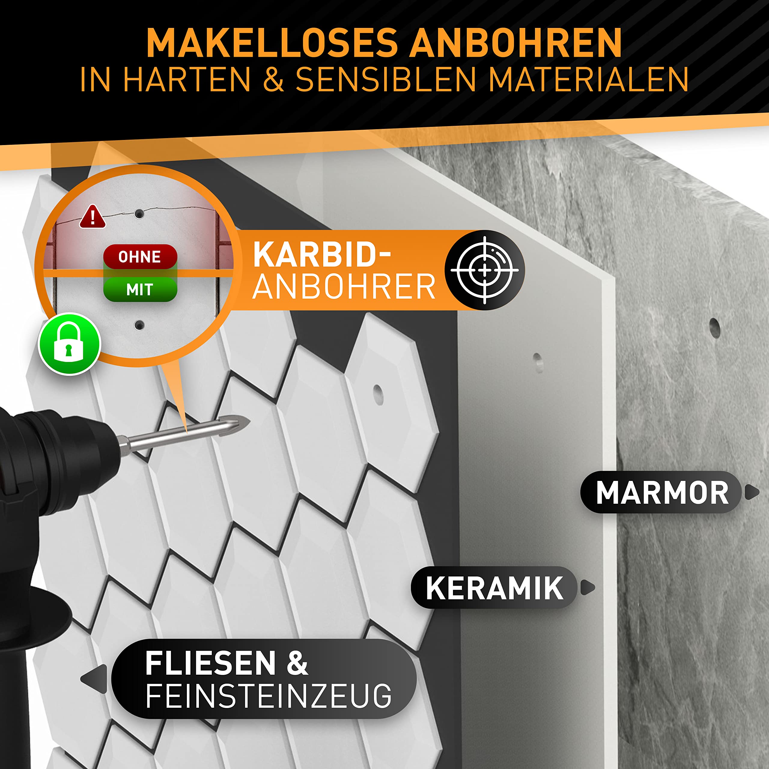 HARDTWERK Turbo Diamantbohrer 6-tlg. Fliesenbohrer Set [6, 8, 10, 12mm] mit 6mm Karbid-Anbohrer (inkl. Reinigungspin) Diamantbohrer für harte Fliesen Keramik, Feinsteinzeug, Marmor und Granit