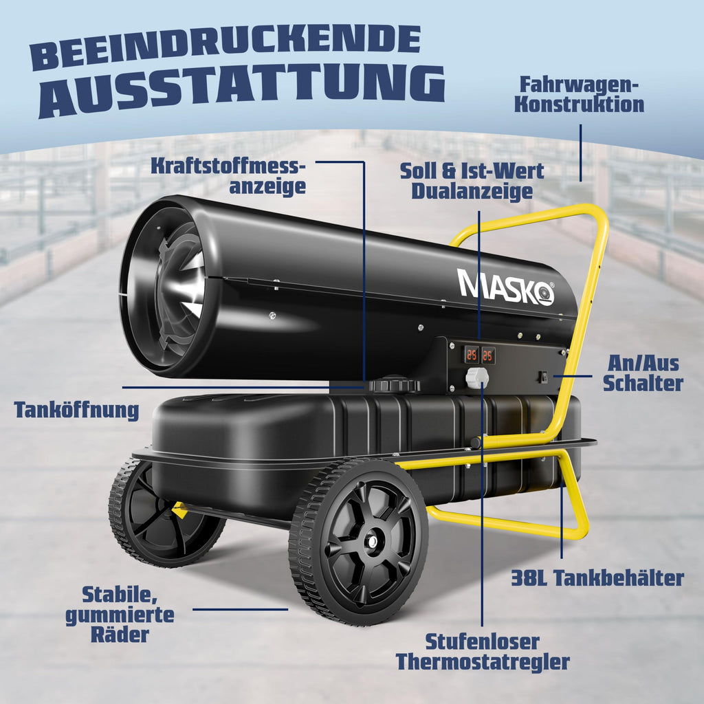 MASKO® Heizkanone 30kW Diesel Bautrockner Bauheizer Heißluftgenerator Heizgebläse 38L Tank mit Thermostat Ölheizer Luftstrom 750m³/h/Stunde Ölbeheizung Heizlüfter Heizstrahler Schwarz